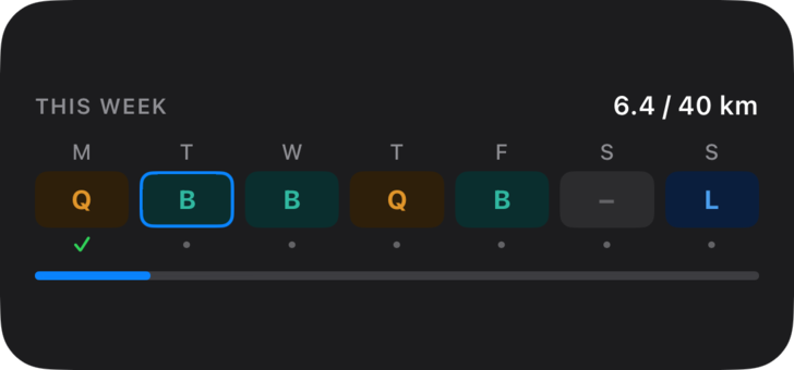Medium weekly plan widget showing 6.4 of 40 km