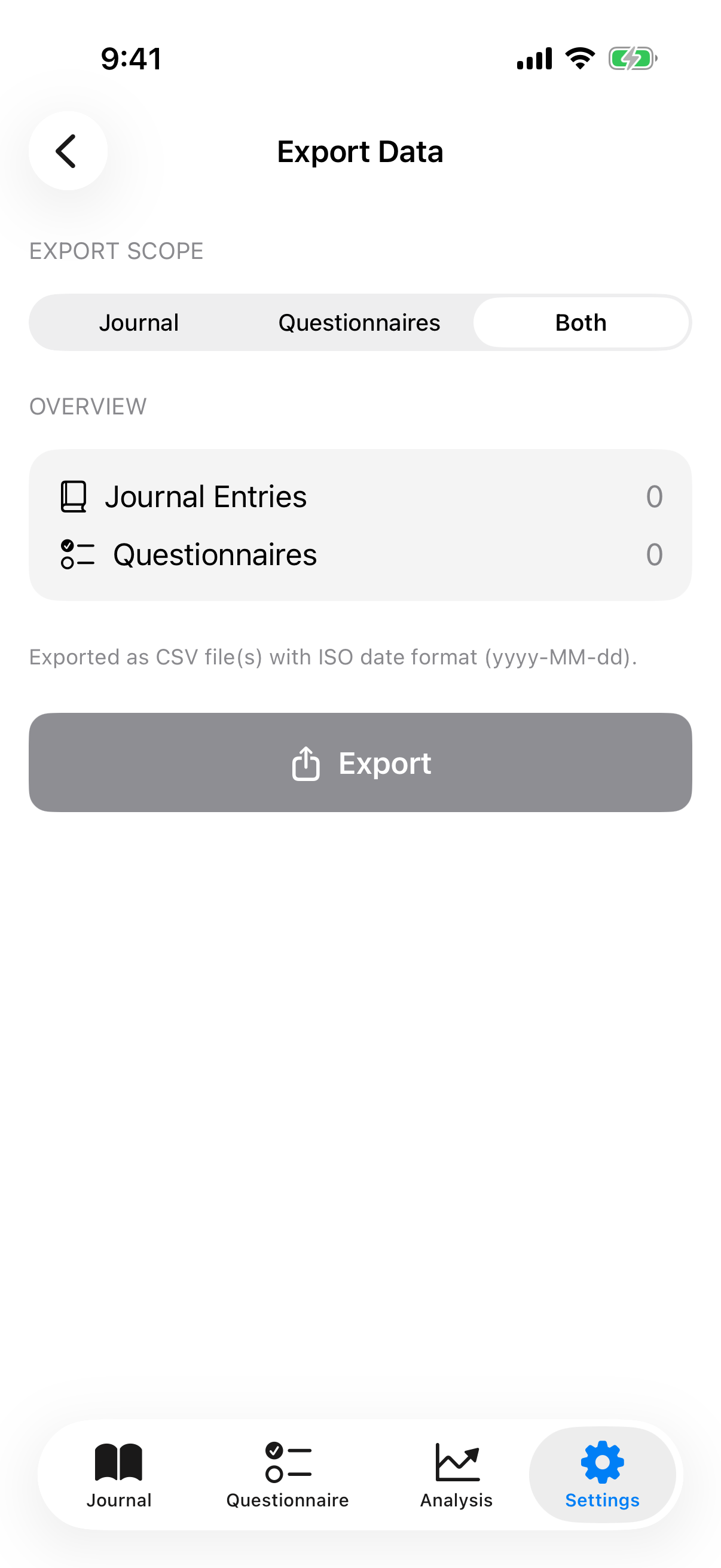 InnerPulse CSV export preview - PHQ-9, GAD-7 and factor-correlation summary for a 15-minute follow-up