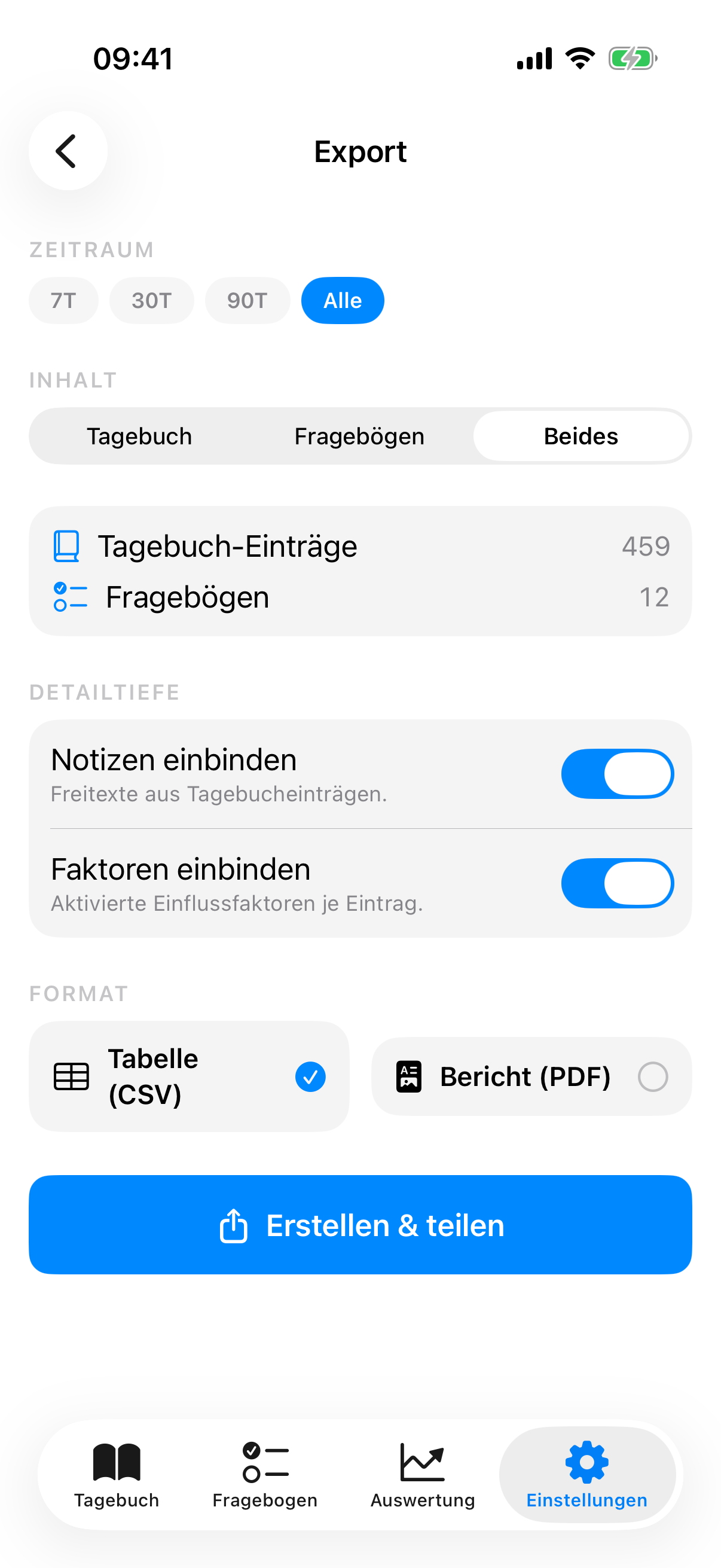 InnerPulse CSV-Export-Vorschau - PHQ-9-, GAD-7- und Faktor-Korrelations-Zusammenfassung f&uuml;r den 15-Minuten-Folgetermin