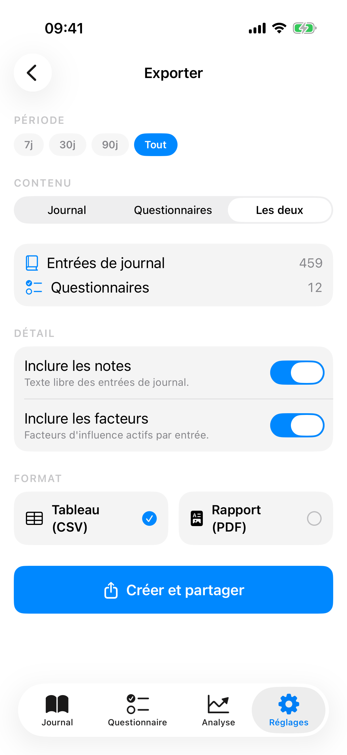 Aper&ccedil;u de l'export CSV d'InnerPulse : PHQ-9, GAD-7 et corr&eacute;lations de facteurs, pour un suivi de 15 minutes