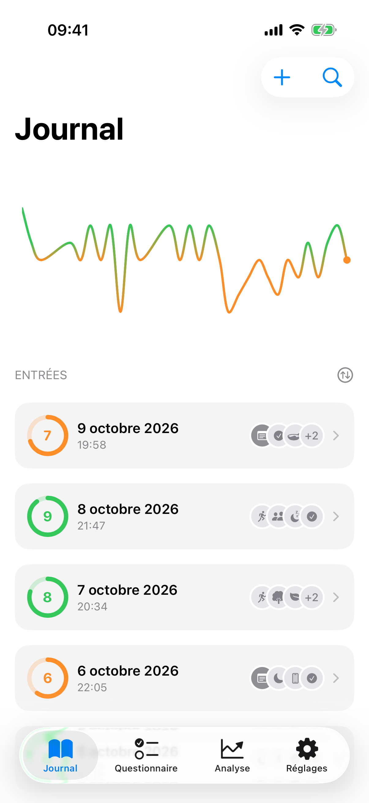 Journal d'humeur quotidien d'InnerPulse avec valeur d'humeur et facteurs