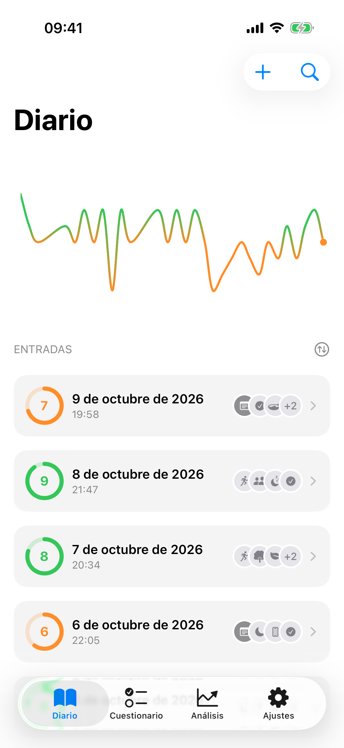 Registro diario de &aacute;nimo de InnerPulse con valor de &aacute;nimo y factores
