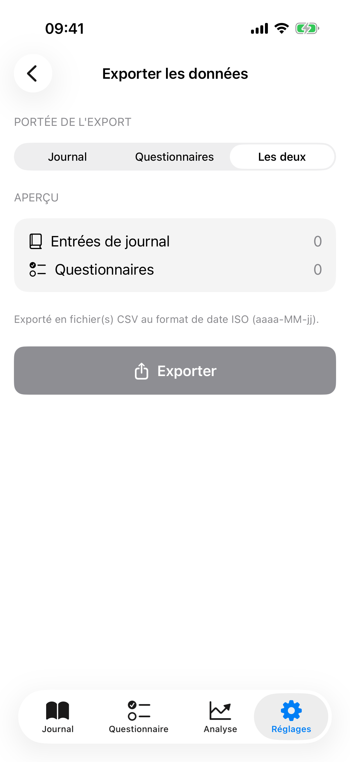 Export CSV clinique d'InnerPulse avec tendances PHQ-9, GAD-7, K10 pour une s&eacute;ance de th&eacute;rapie