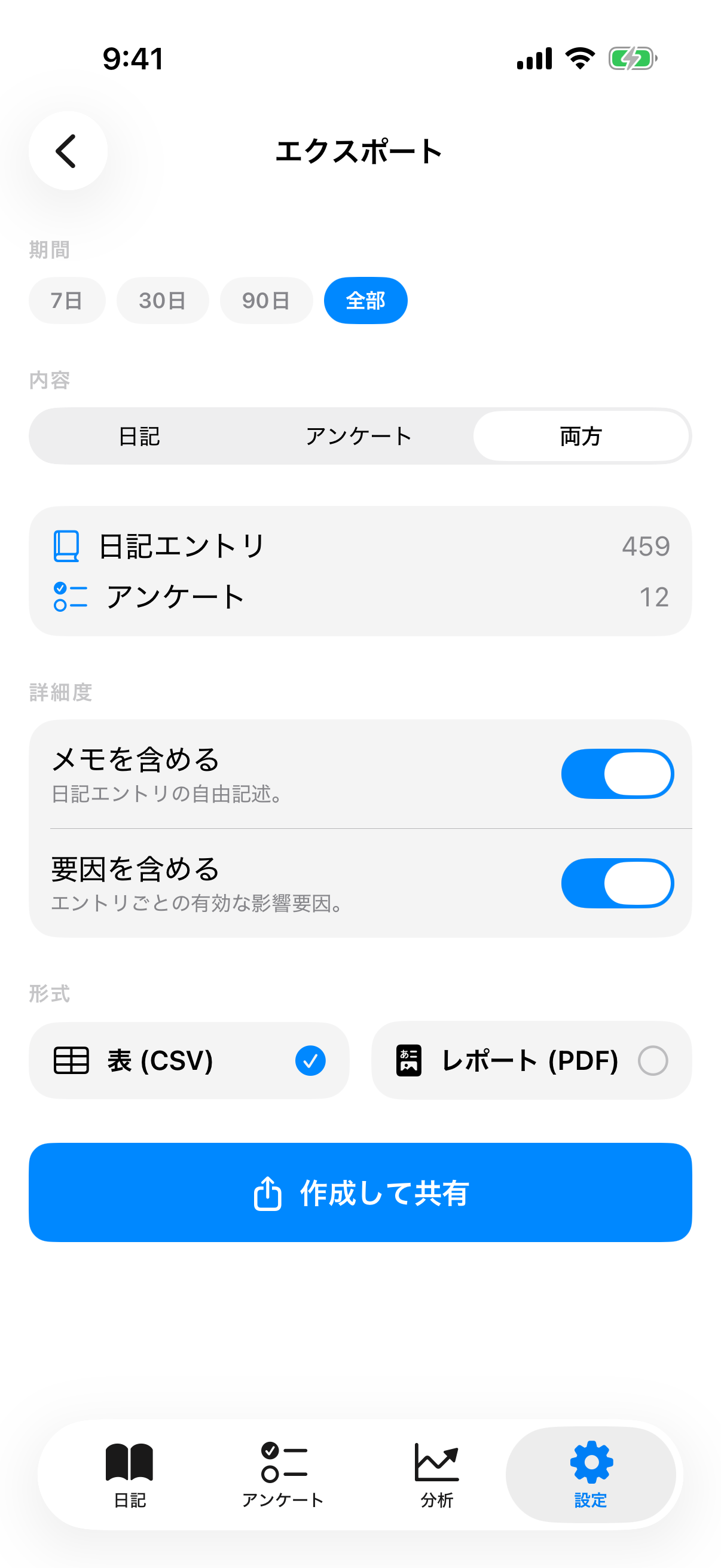 治療の診察用に、PHQ-9、GAD-7、K10の推移をまとめたInnerPulseの臨床CSVエクスポート