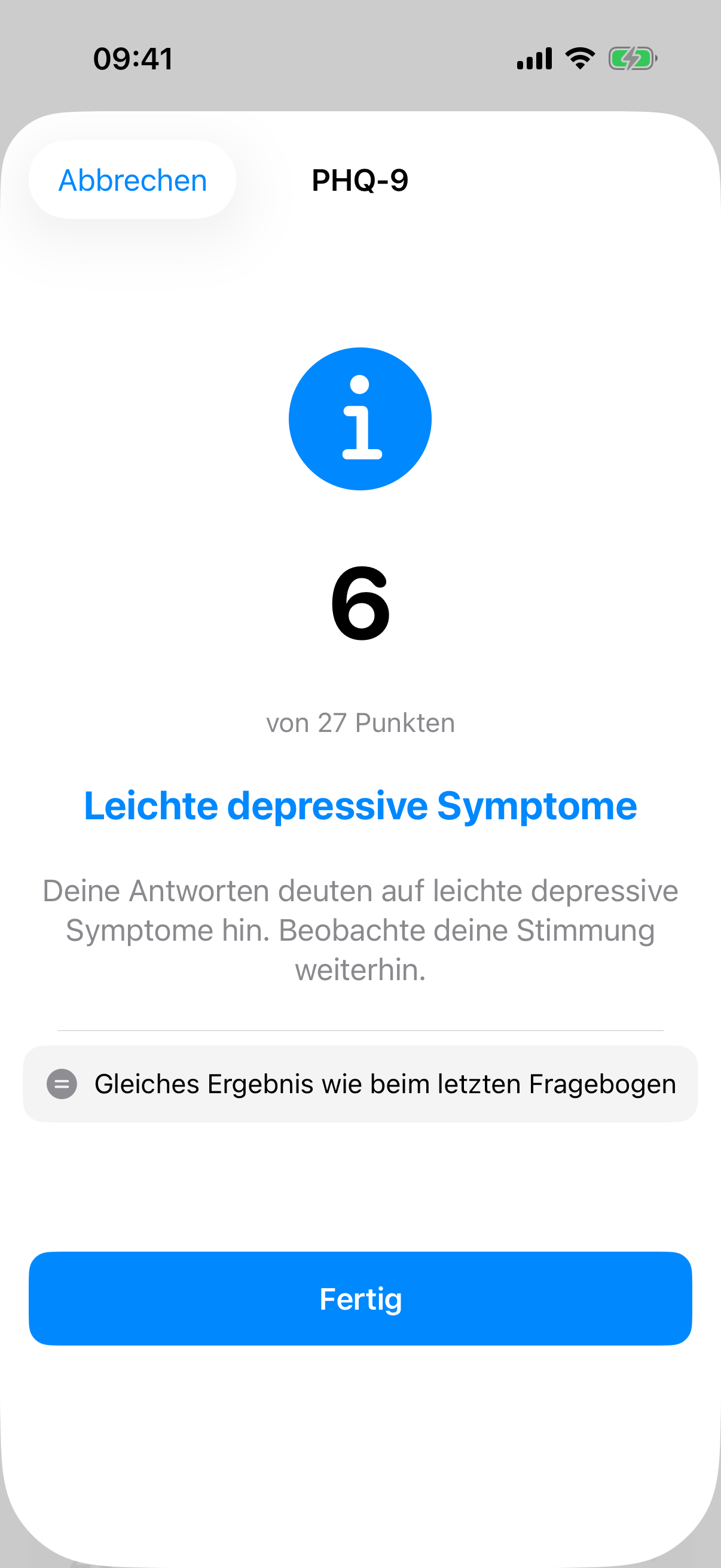 PHQ-9 Ergebnis-Ansicht mit Score, Severity-Label und Vergleich zum Vortest