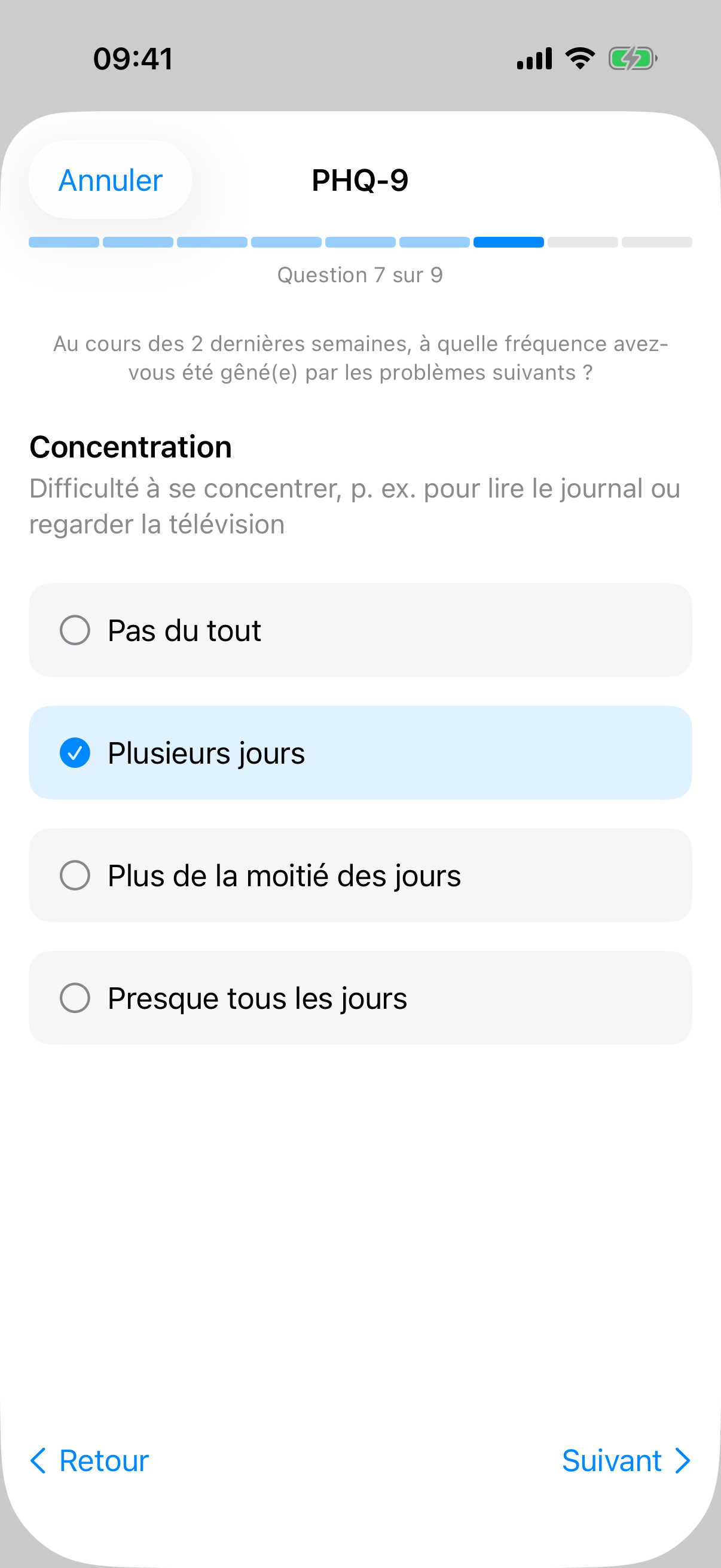 Question sept du PHQ-9 avec options de réponse et indicateur de progression segmenté