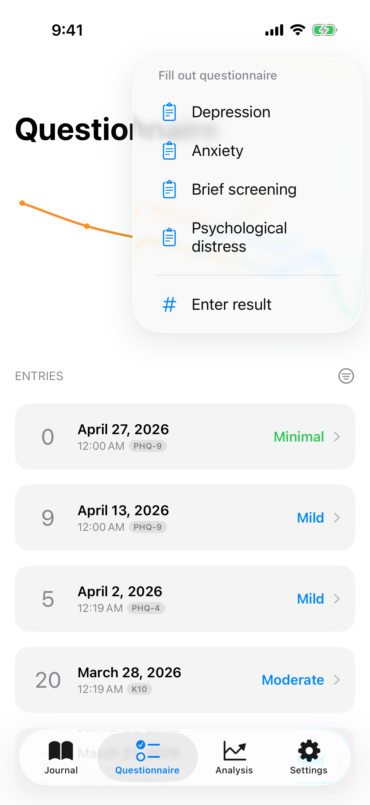 Plus menu with options for full test and manual entry