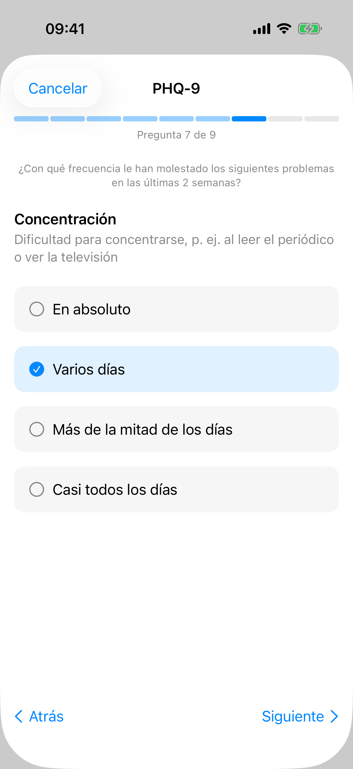 PHQ-9 pregunta siete con opciones de respuesta y barra de progreso segmentada