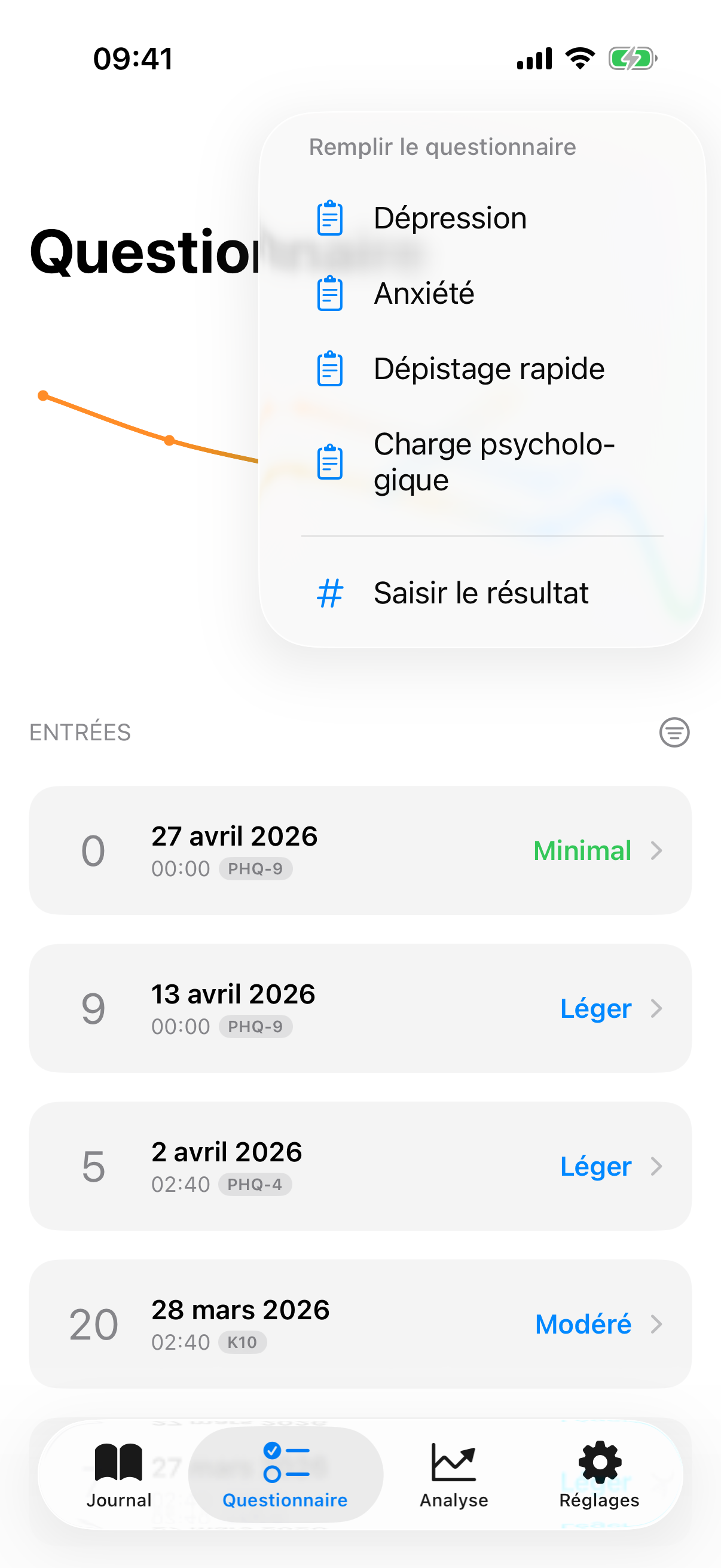 Menu plus avec options pour test complet et saisie manuelle