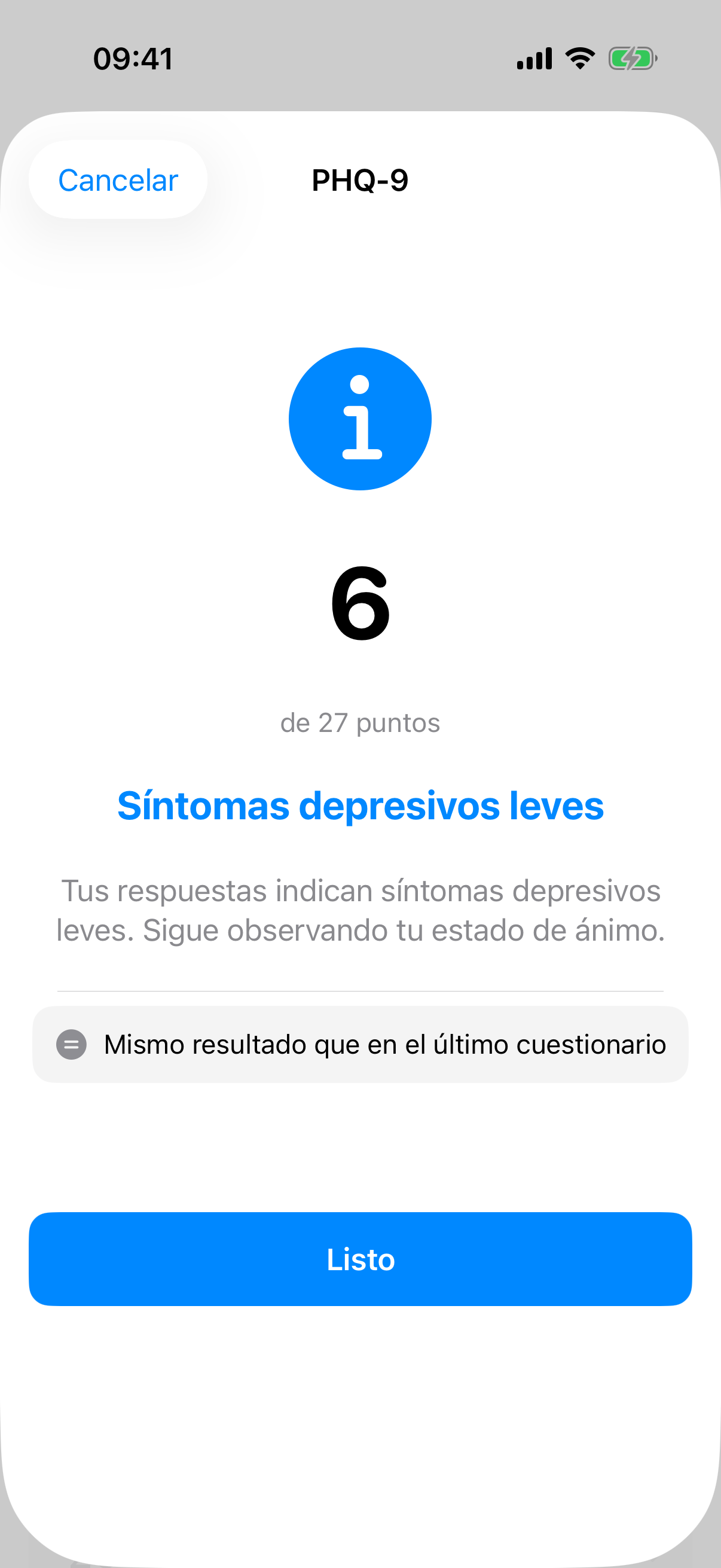 Vista de resultado del PHQ-9 con puntuaci&oacute;n, etiqueta de gravedad y comparaci&oacute;n con el test anterior