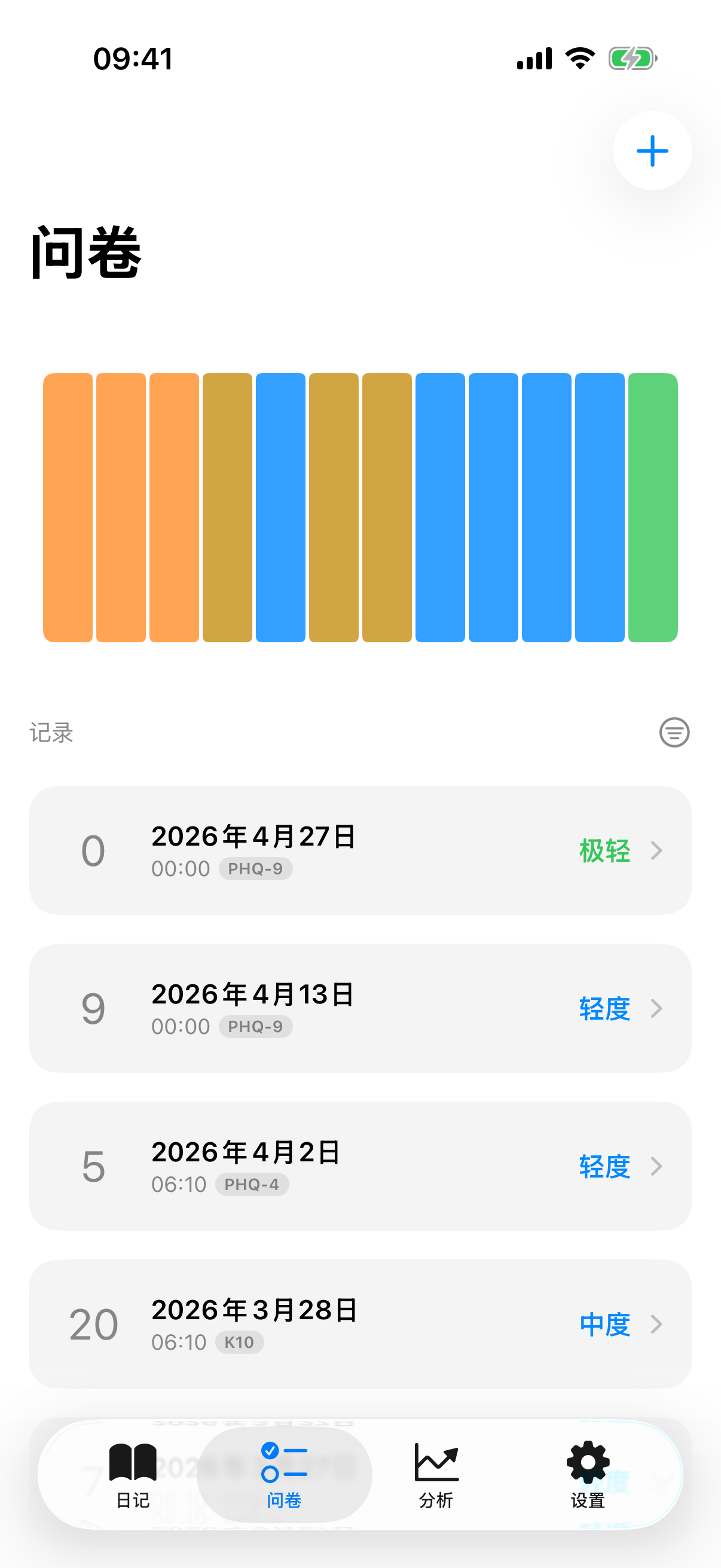 Check-in 列表,包含历程图表和结果卡片