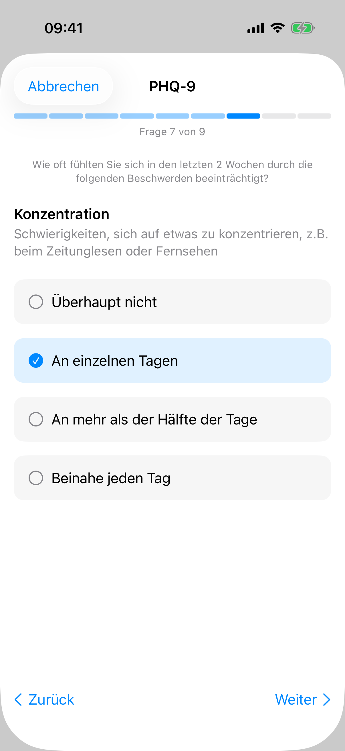 PHQ-9 Frage sieben mit Antwort-Optionen und segmentierter Fortschritts-Anzeige