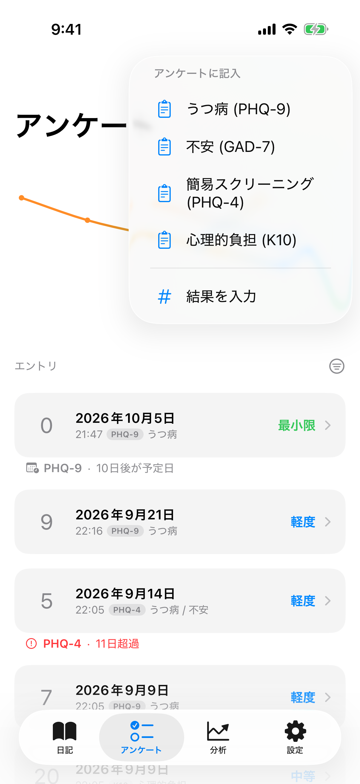 完全テストと手動エントリーのオプションを含むプラスメニュー