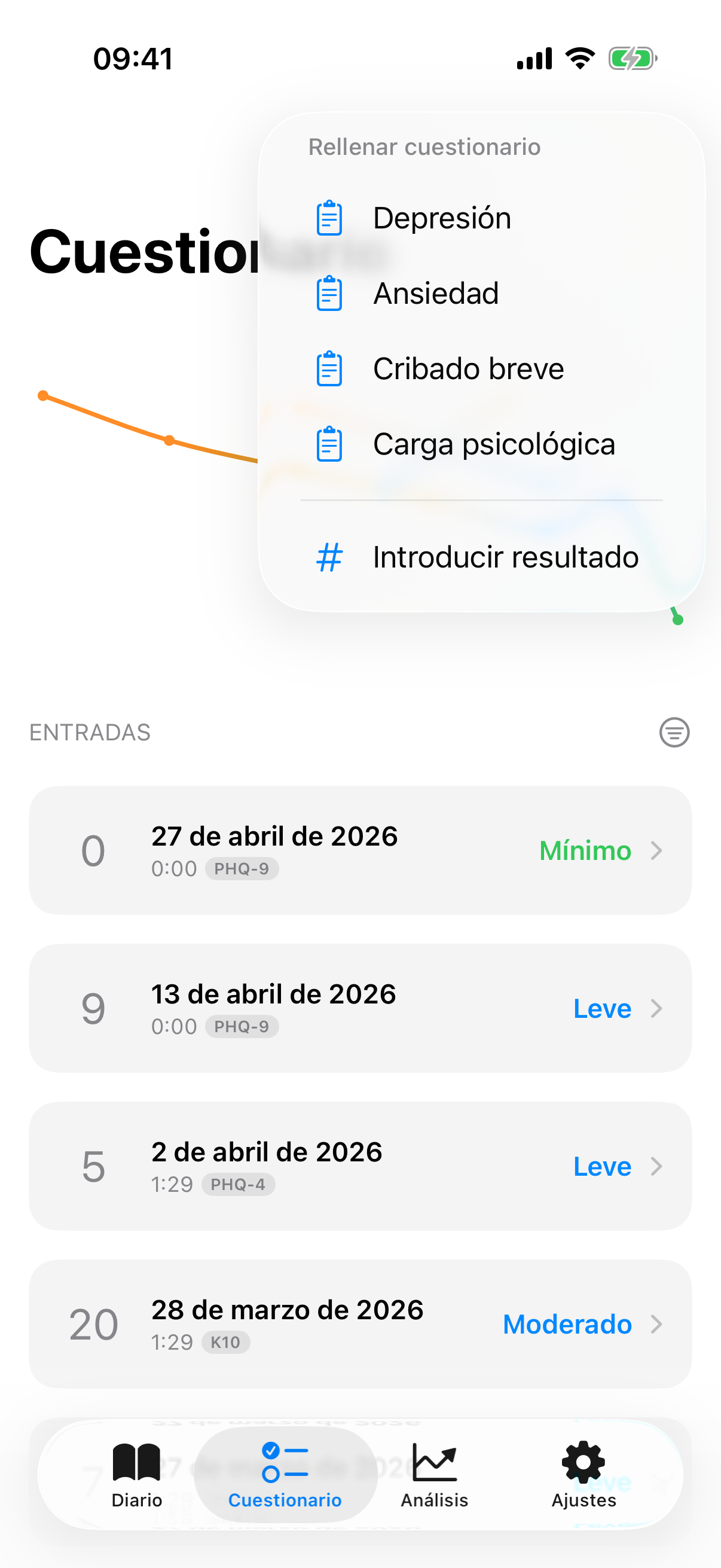 Menú más con opciones para test completo y entrada manual