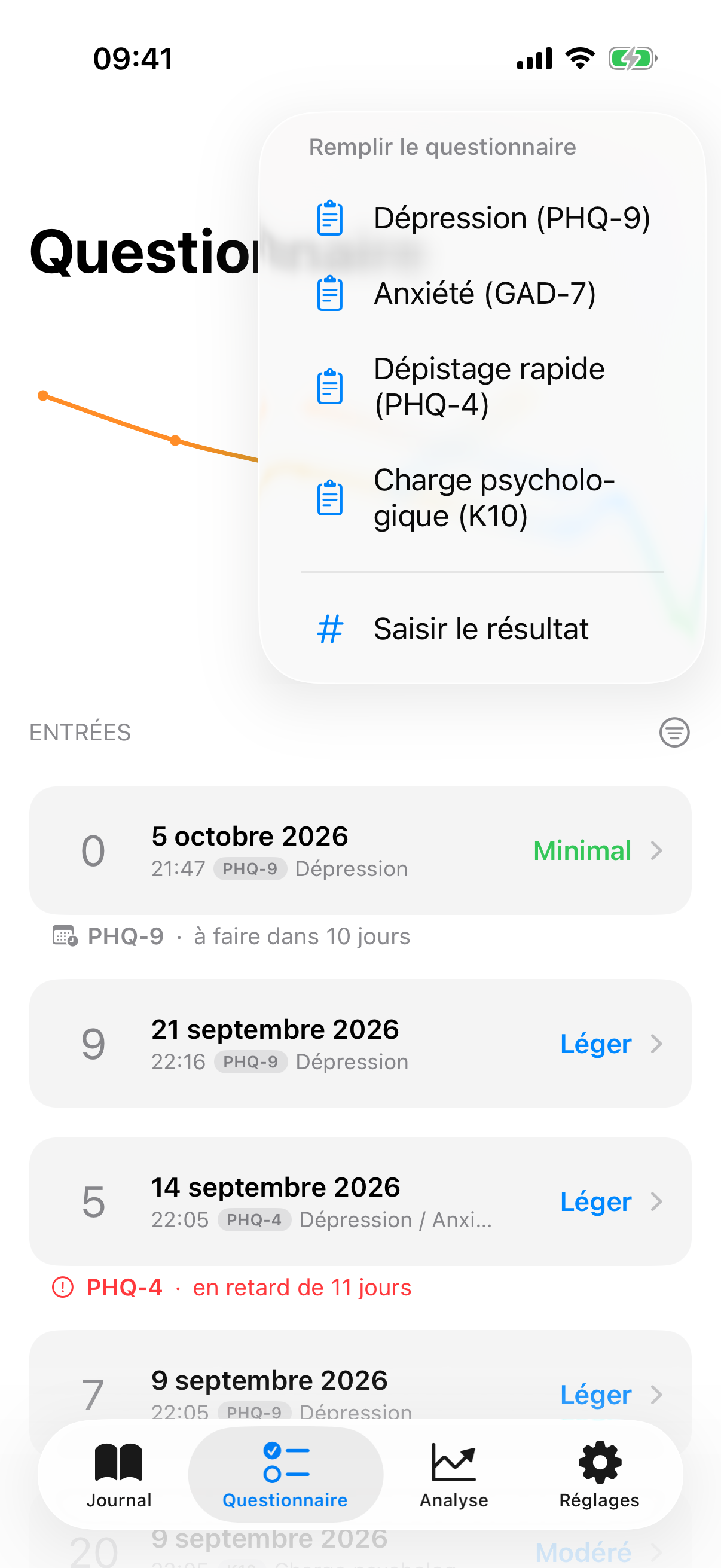 Menu plus avec options pour test complet et saisie manuelle