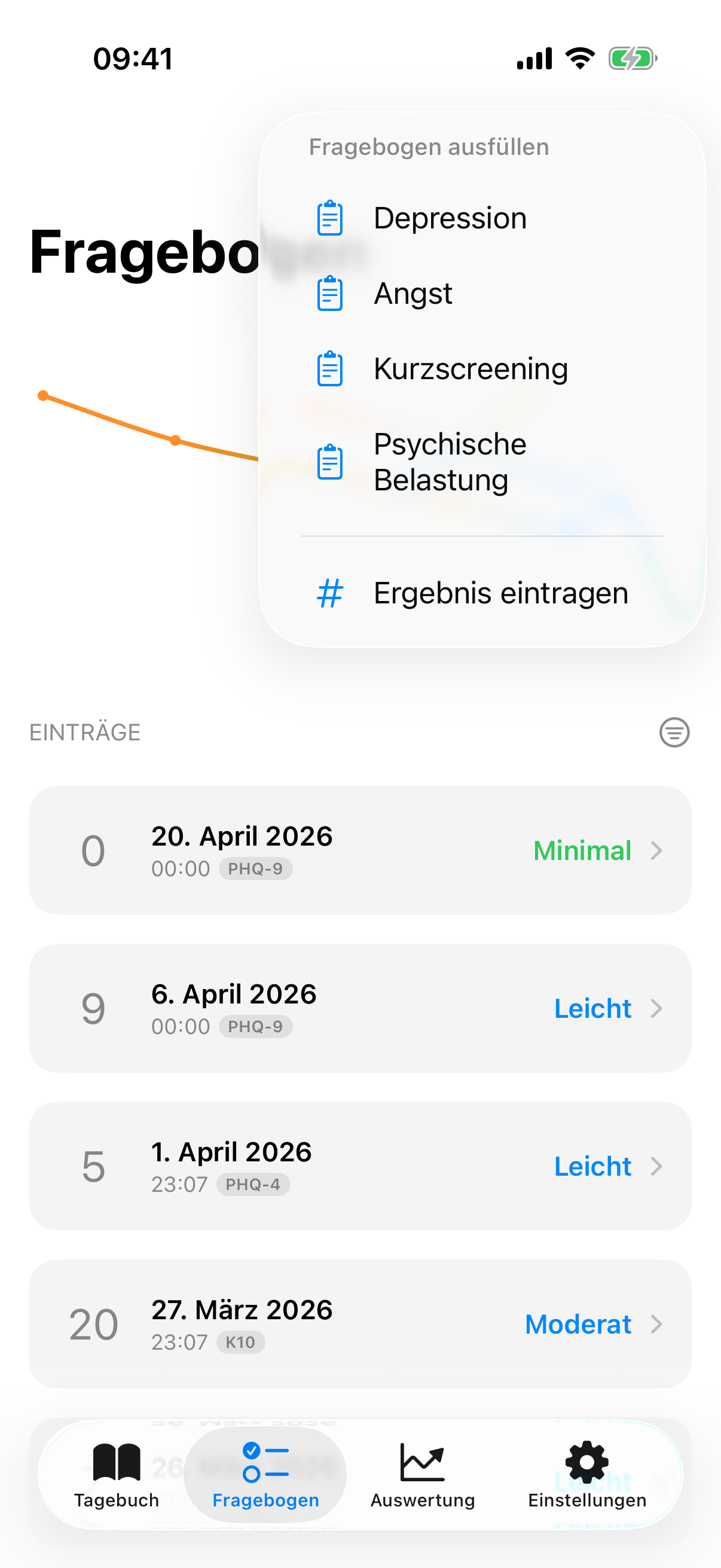 Plus-Men&uuml; mit Optionen f&uuml;r vollst&auml;ndigen Test und manuellen Eintrag
