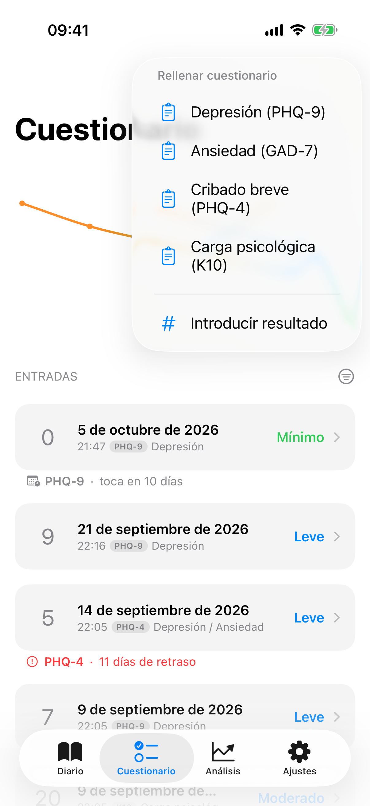 Men&uacute; m&aacute;s con opciones para test completo y entrada manual
