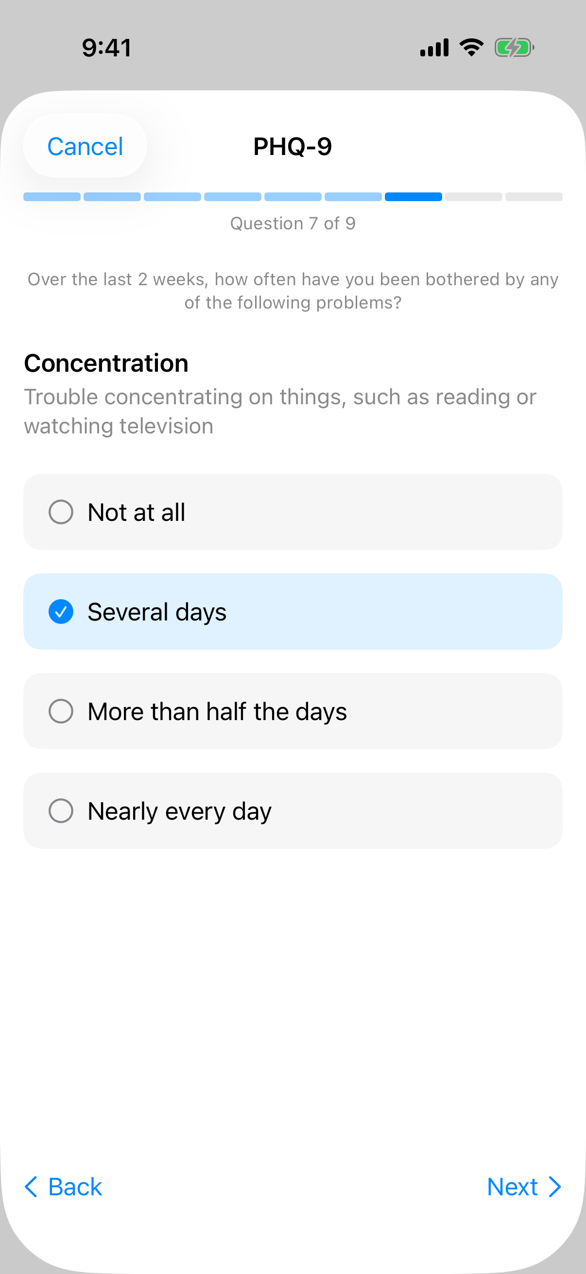 PHQ-9 question seven with answer options and segmented progress indicator