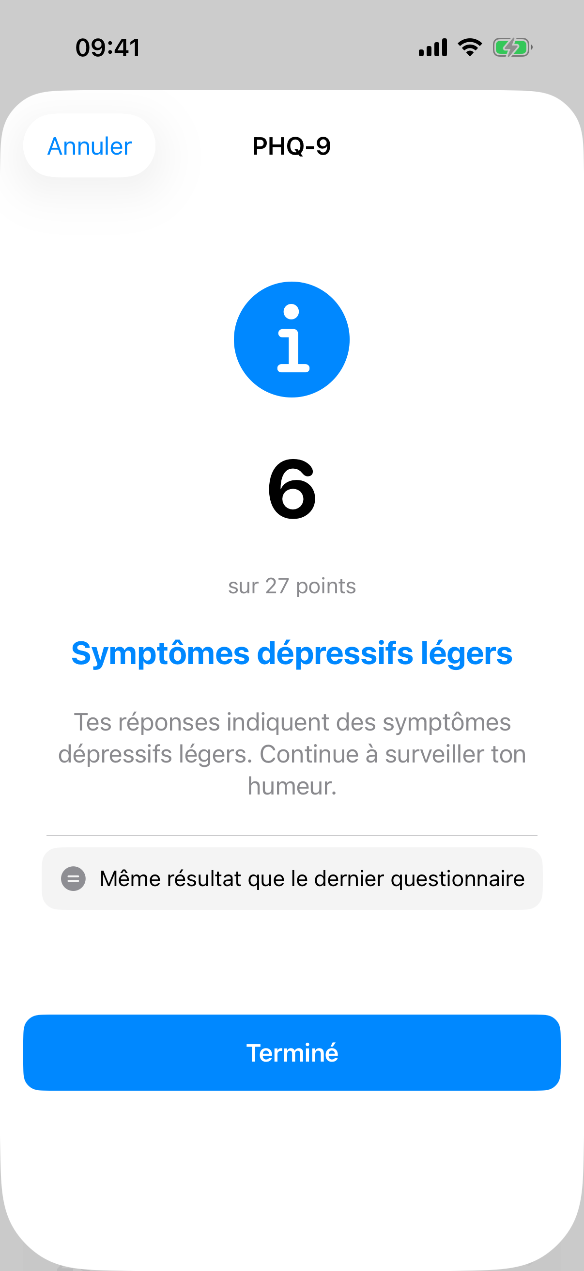 Vue du r&eacute;sultat PHQ-9 avec score, label de s&eacute;v&eacute;rit&eacute; et comparaison avec le test pr&eacute;c&eacute;dent