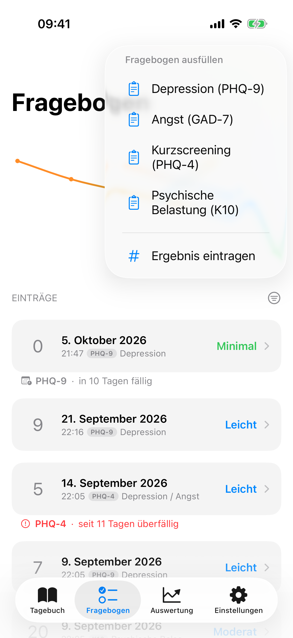 Plus-Men&uuml; mit Optionen f&uuml;r vollst&auml;ndigen Test und manuellen Eintrag