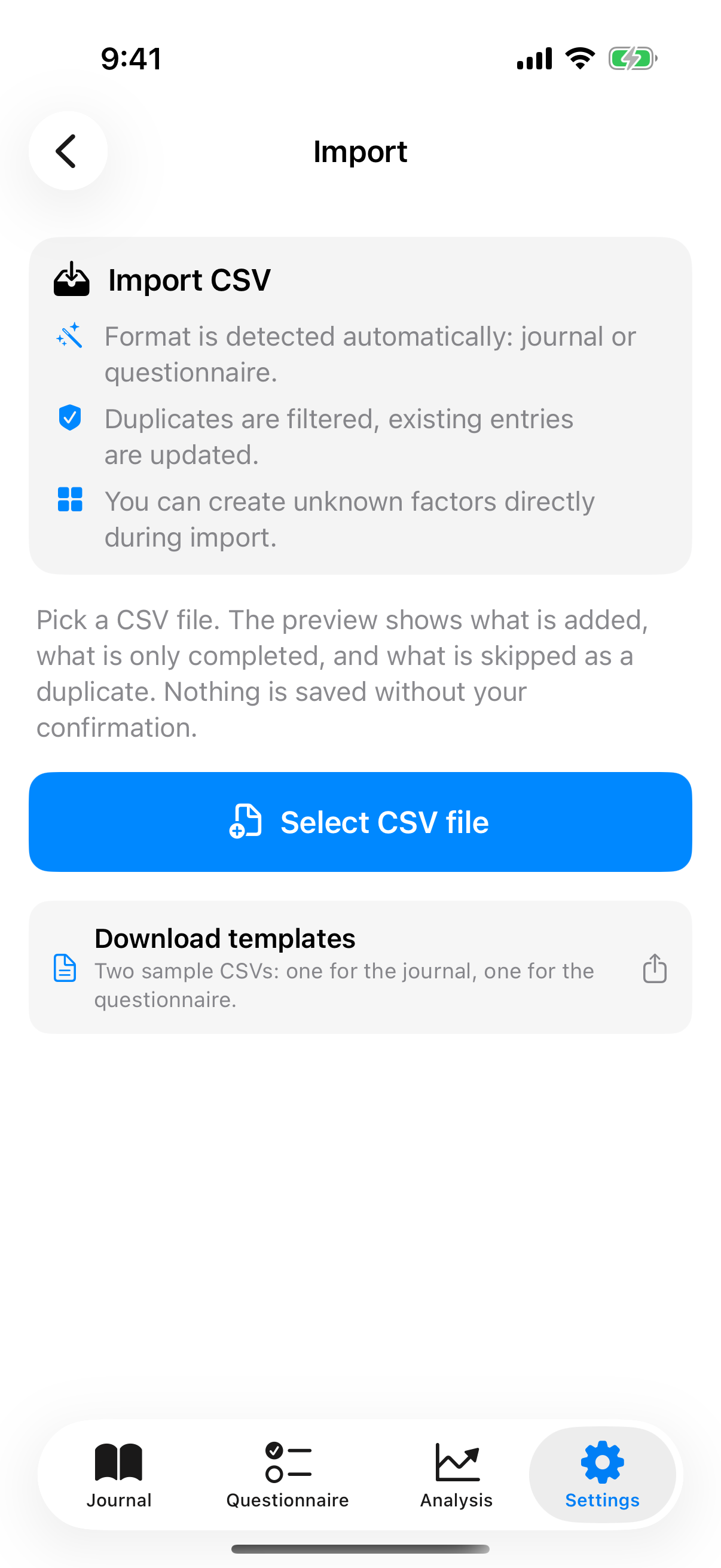 Import view with file picker, duplicate options and preview