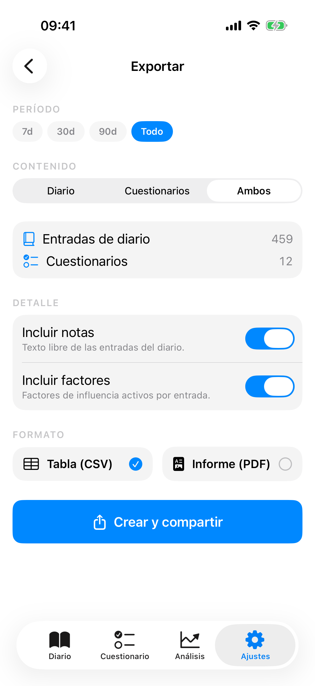 Vista de exportaci&oacute;n con c&aacute;psulas de periodo, selecci&oacute;n de contenido, interruptores para notas, factores y multimedia y el selector de formato