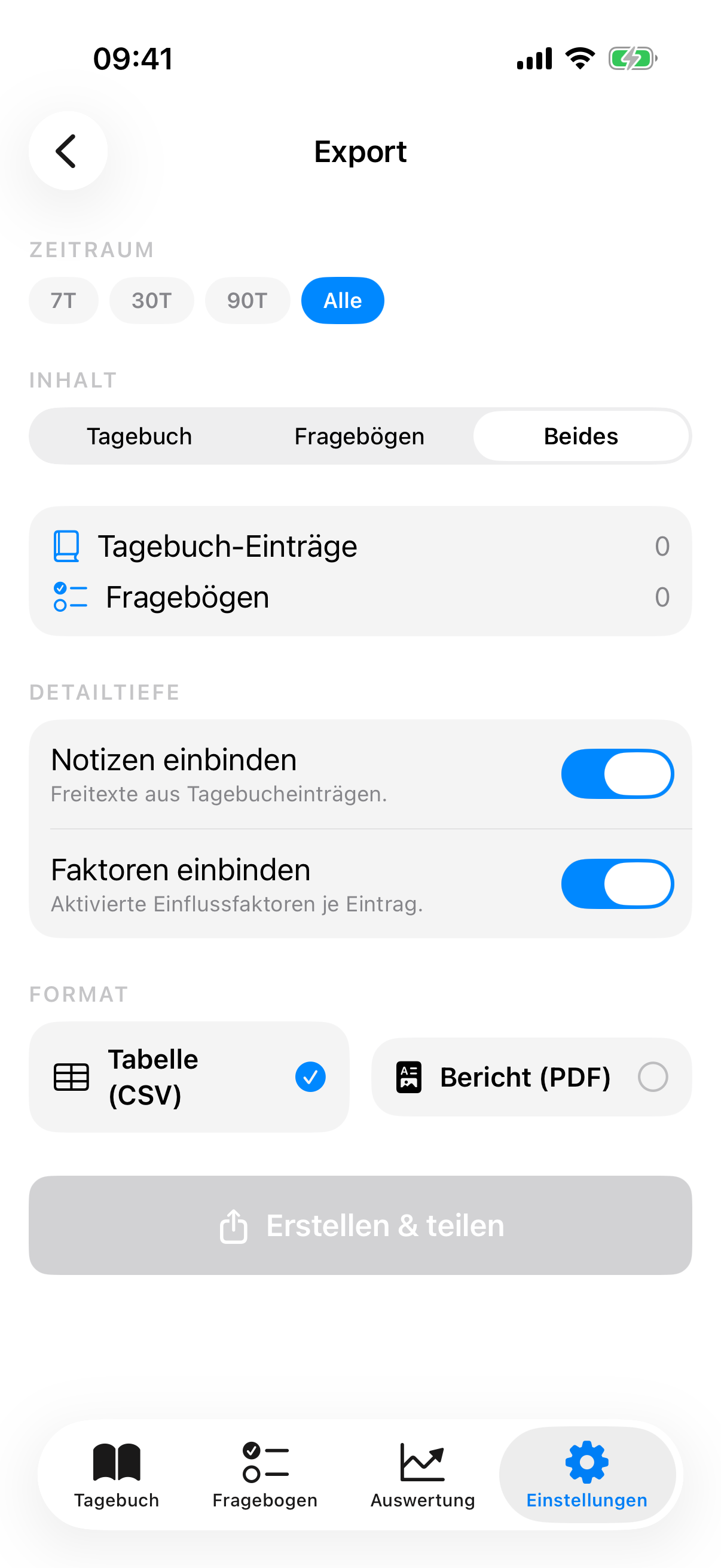 Export view with time range pills, content selection, detail toggles and format switch