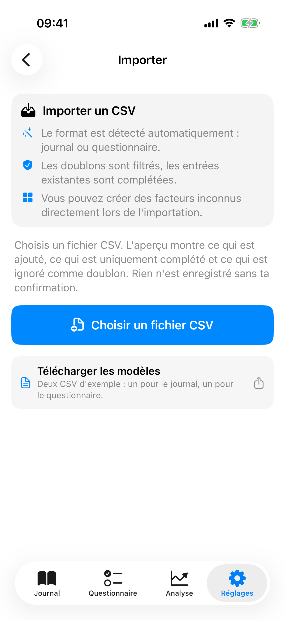 Vue d'import avec s&eacute;lection de fichier, options de doublons et aper&ccedil;u