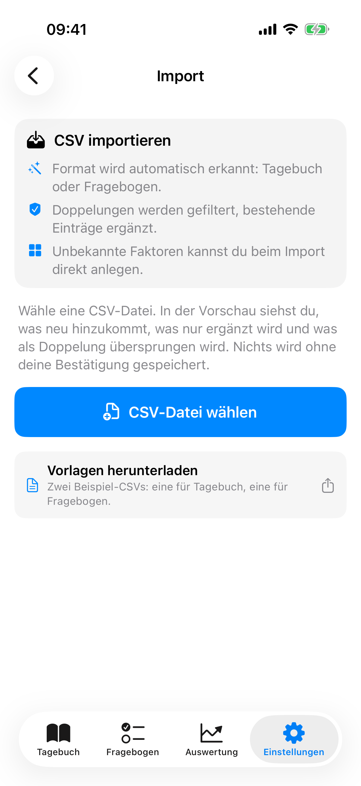 Import-Ansicht mit Datei-Auswahl, Duplikat-Optionen und Vorschau