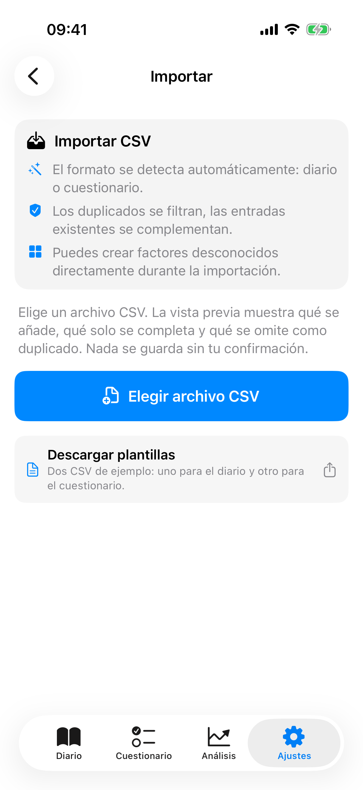 Vista de importaci&oacute;n con selecci&oacute;n de archivo, opciones de duplicado y vista previa