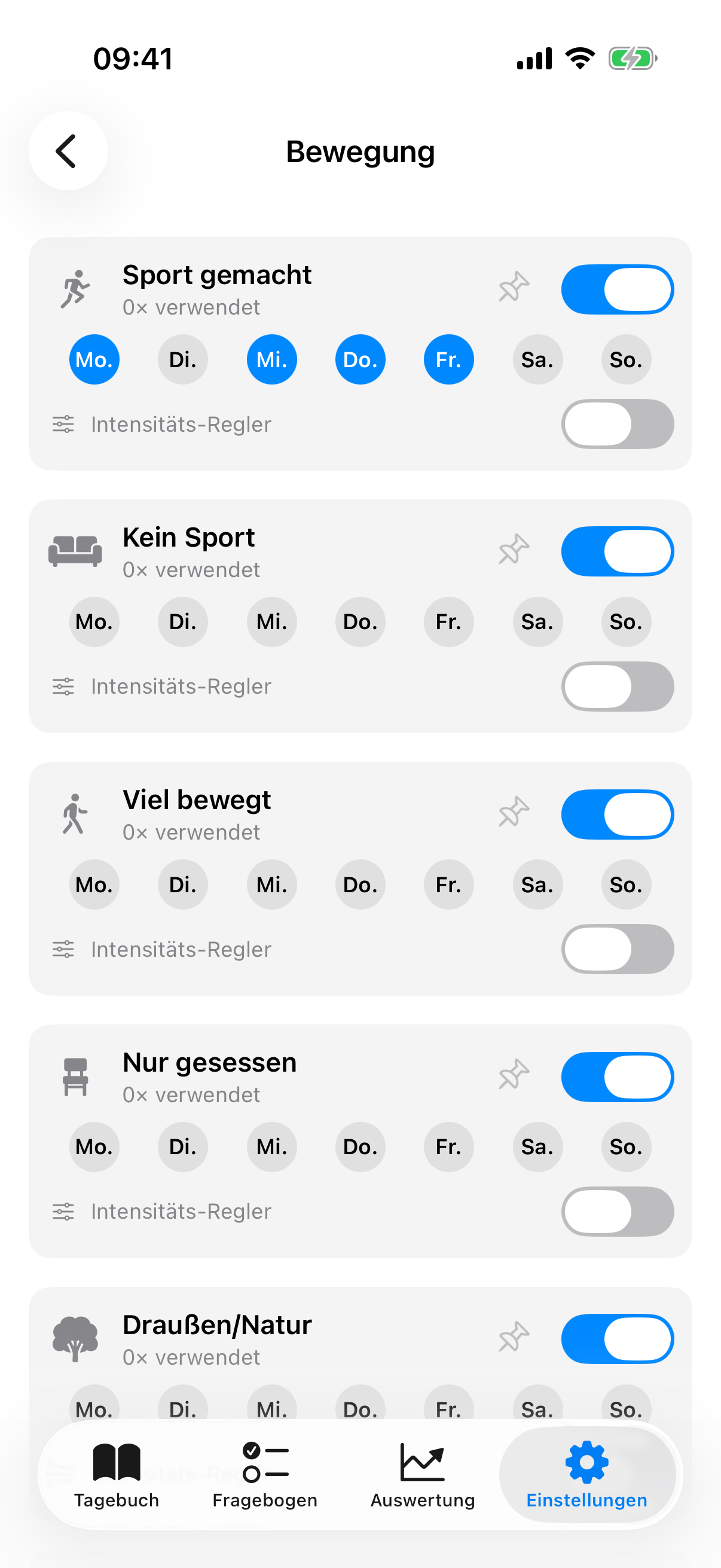 Detail-Ansicht einer Kategorie mit Faktor-Liste, Sichtbarkeits-Toggle und Wochentags-Buttons