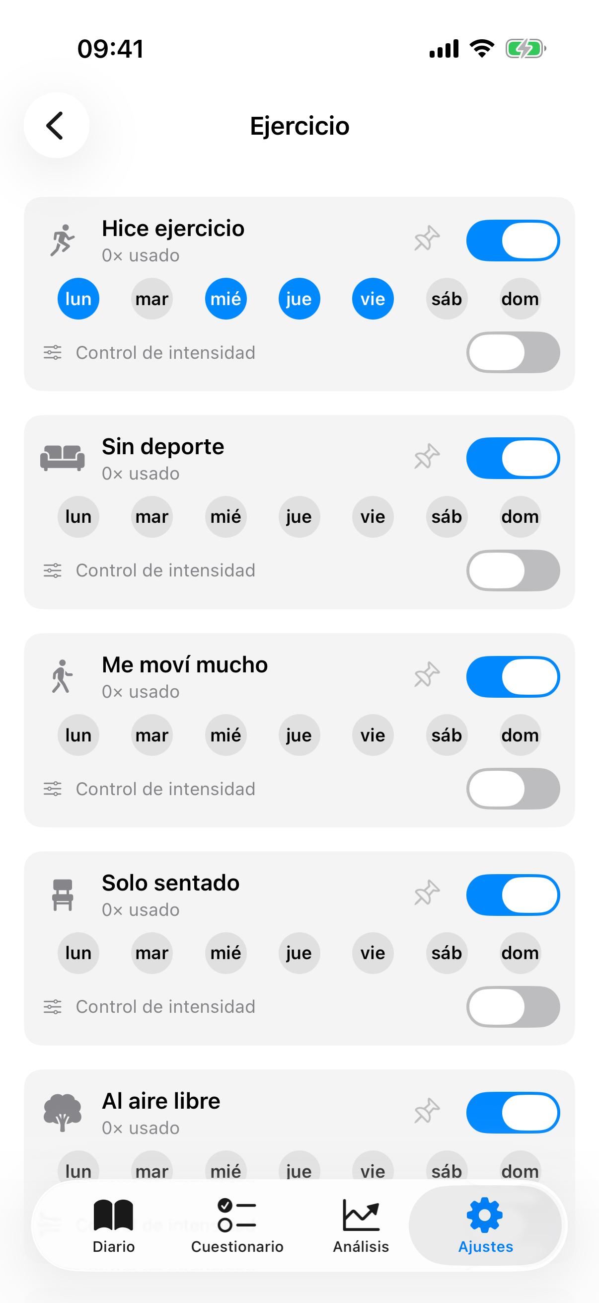 Vista de detalle de una categor&iacute;a con lista de factores, interruptor de visibilidad y botones de d&iacute;as de la semana