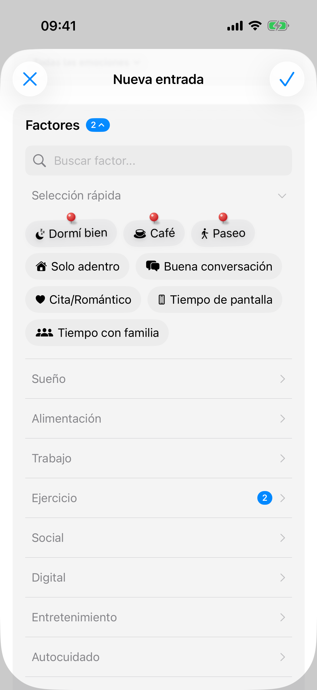 Selecci&oacute;n de factores en la entrada con la Selecci&oacute;n r&aacute;pida, los factores fijados con chincheta aparecen antes de las sugerencias
