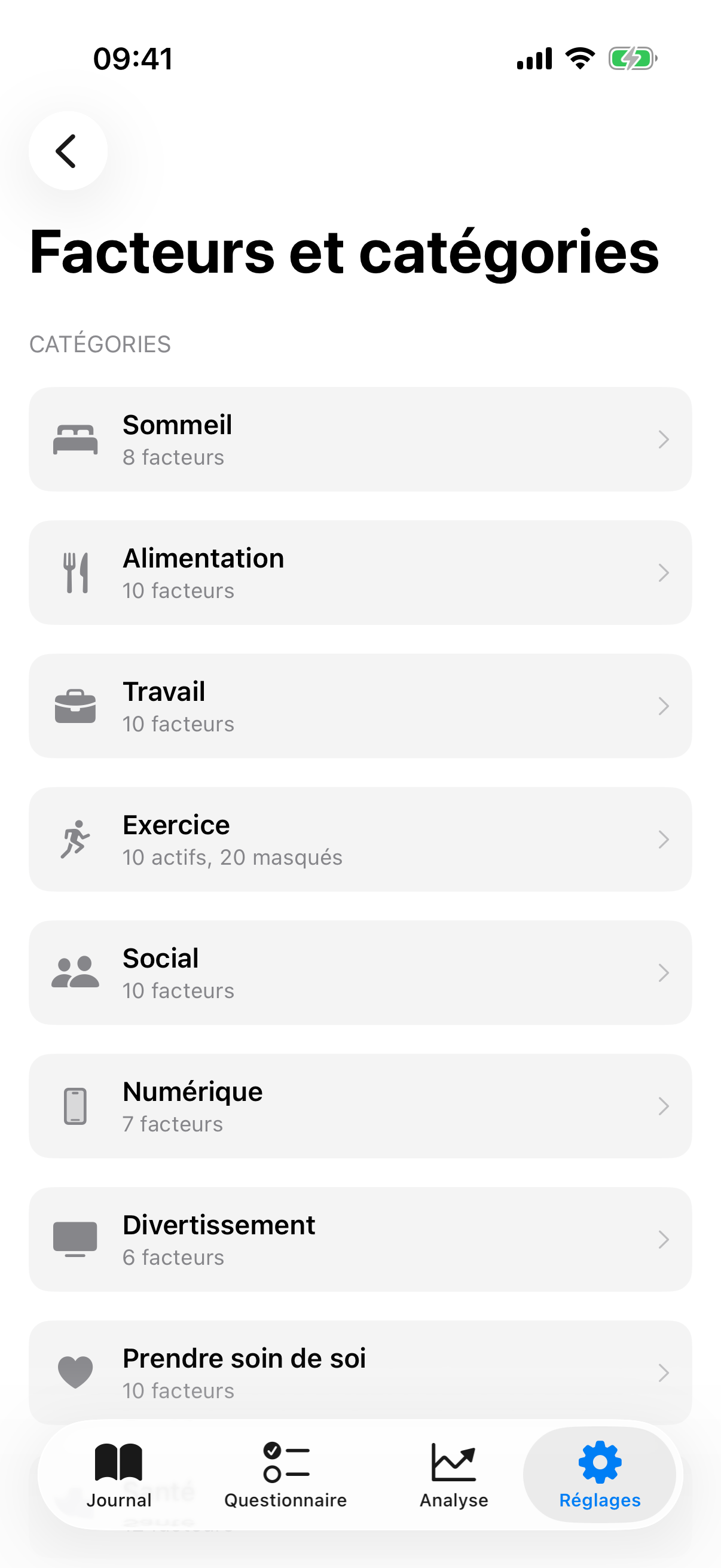 Vue d'ensemble des facteurs dans les r&eacute;glages avec Sch&eacute;mas d&eacute;tect&eacute;s, Facteurs et cat&eacute;gories ainsi que Facteurs intelligents