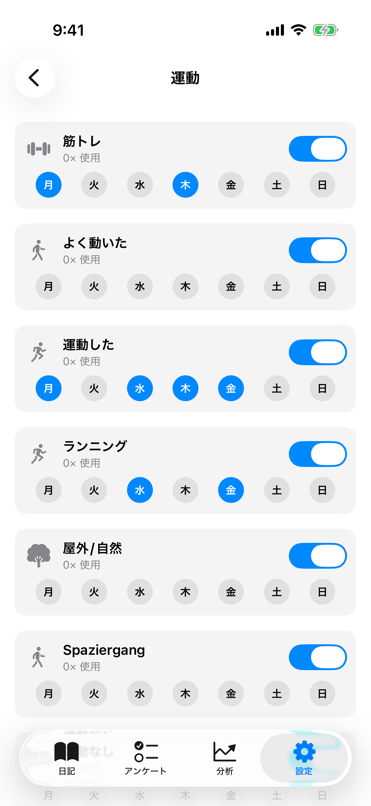 要因リスト、可視性トグル、曜日ボタン付きのカテゴリー詳細ビュー