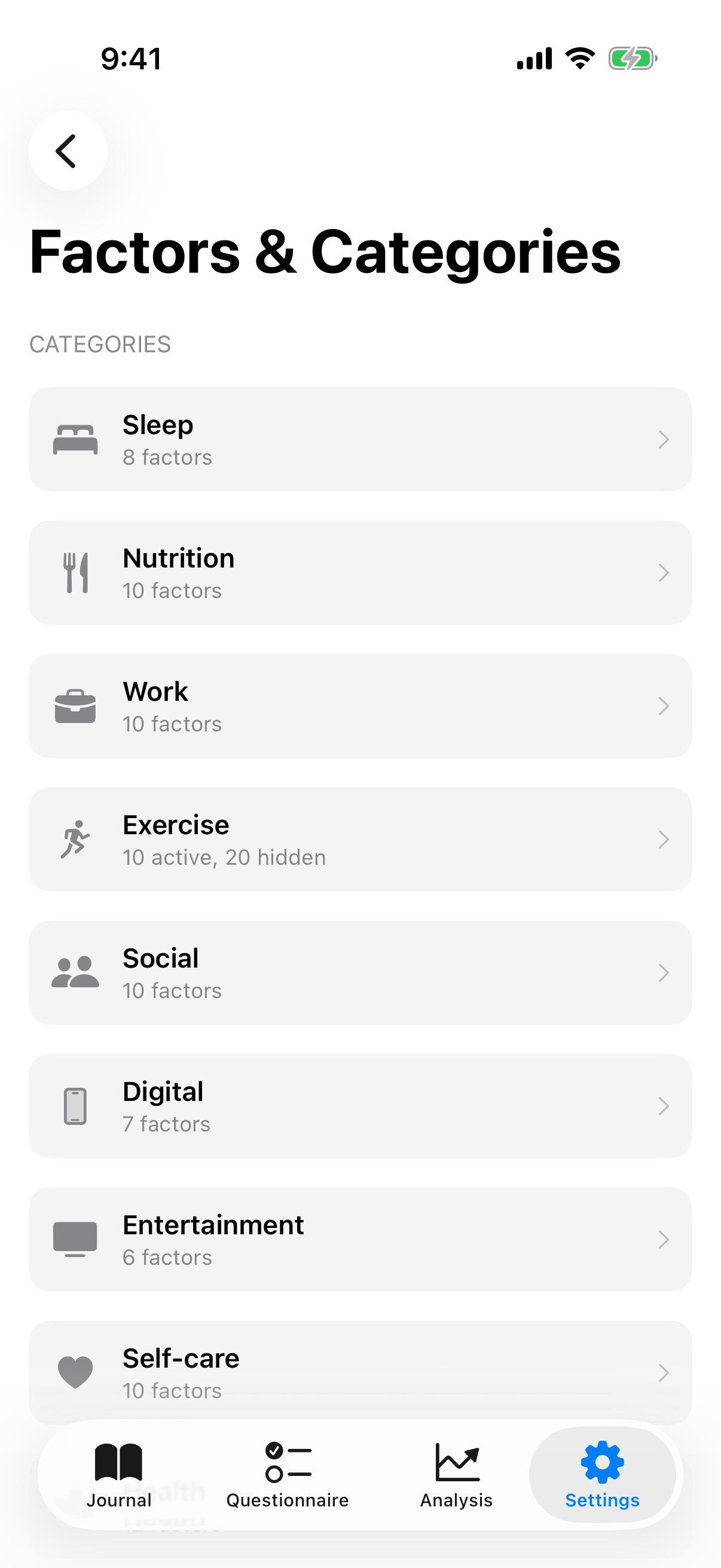 Factor overview in settings with Detected patterns, Factors and categories and Intelligent factors