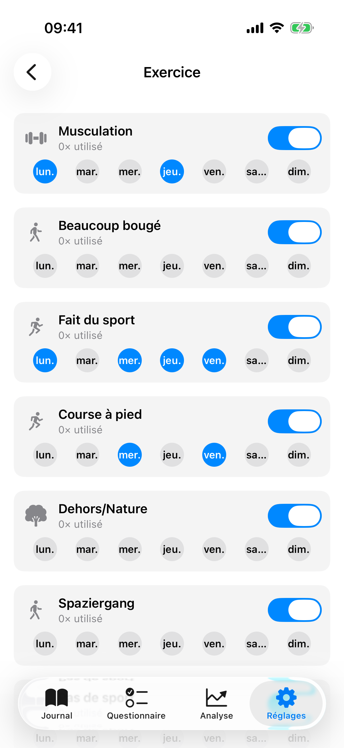 Vue d&eacute;tail d'une cat&eacute;gorie avec liste de facteurs, interrupteur de visibilit&eacute; et boutons de jours de semaine