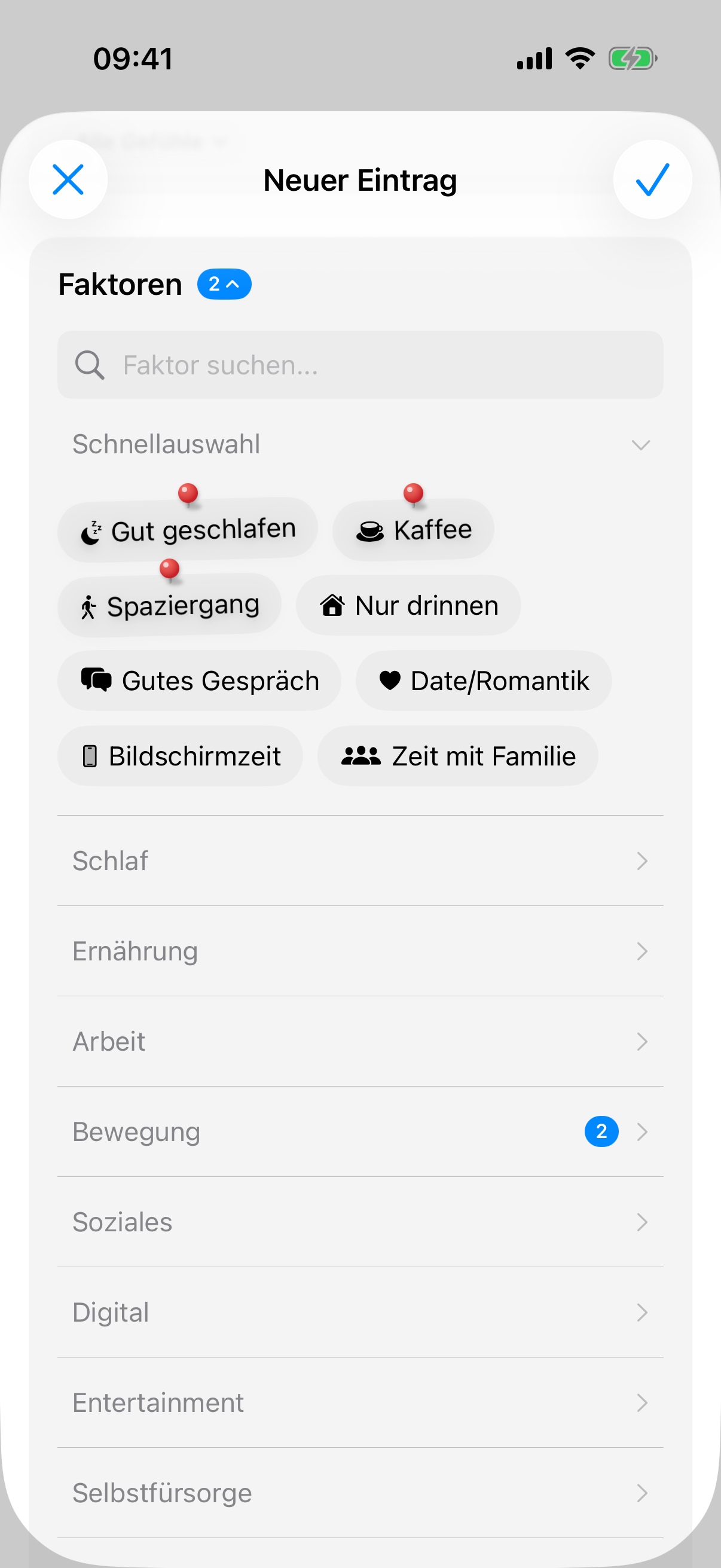 Faktorauswahl im Eintrag mit der Schnellauswahl, angepinnte Faktoren mit Stecknadel stehen vor den Vorschl&auml;gen