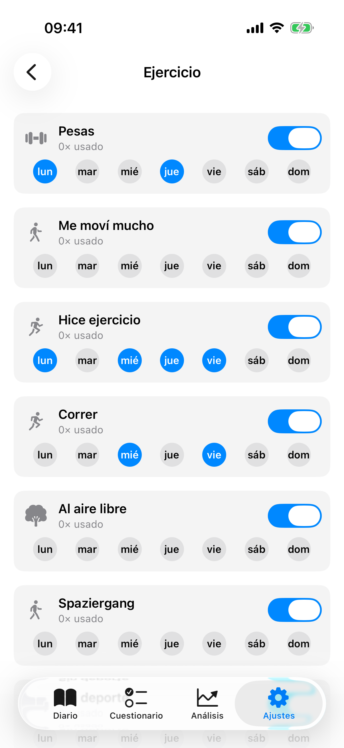 Vista de detalle de una categoría con lista de factores, interruptor de visibilidad y botones de días de la semana
