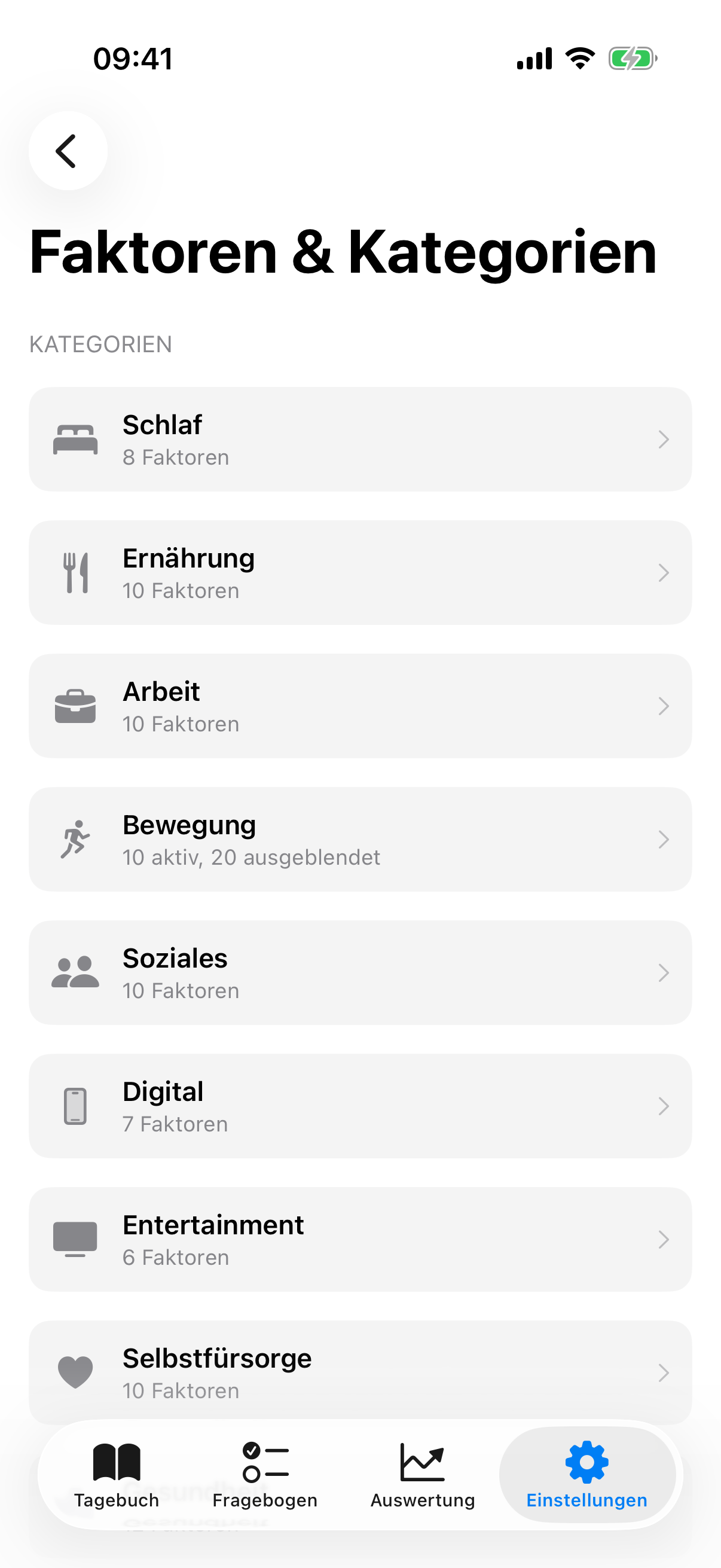 Faktoren-&Uuml;bersicht in den Einstellungen mit Erkannten Mustern, Faktoren und Kategorien sowie Intelligenten Faktoren