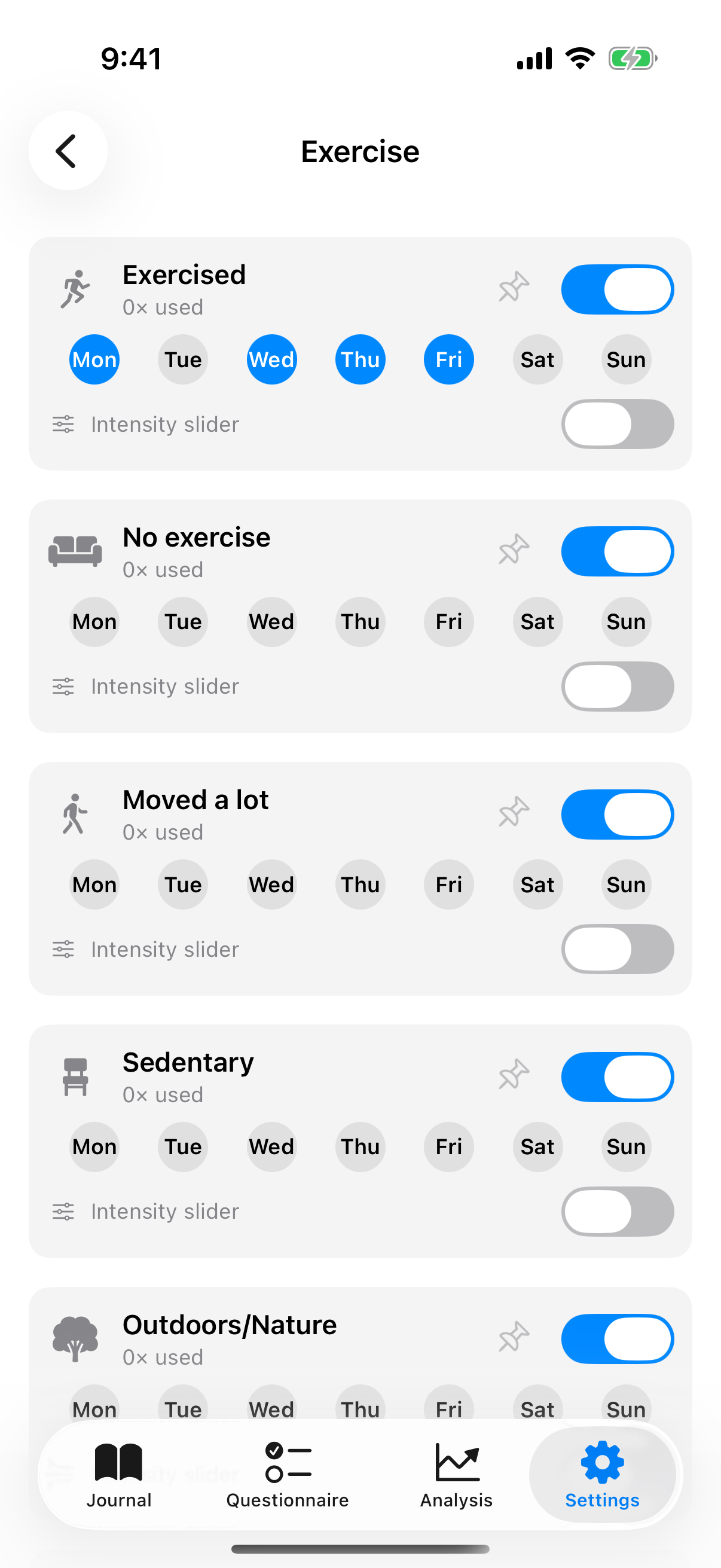 Detail view of a category with factor list, visibility toggle and weekday buttons