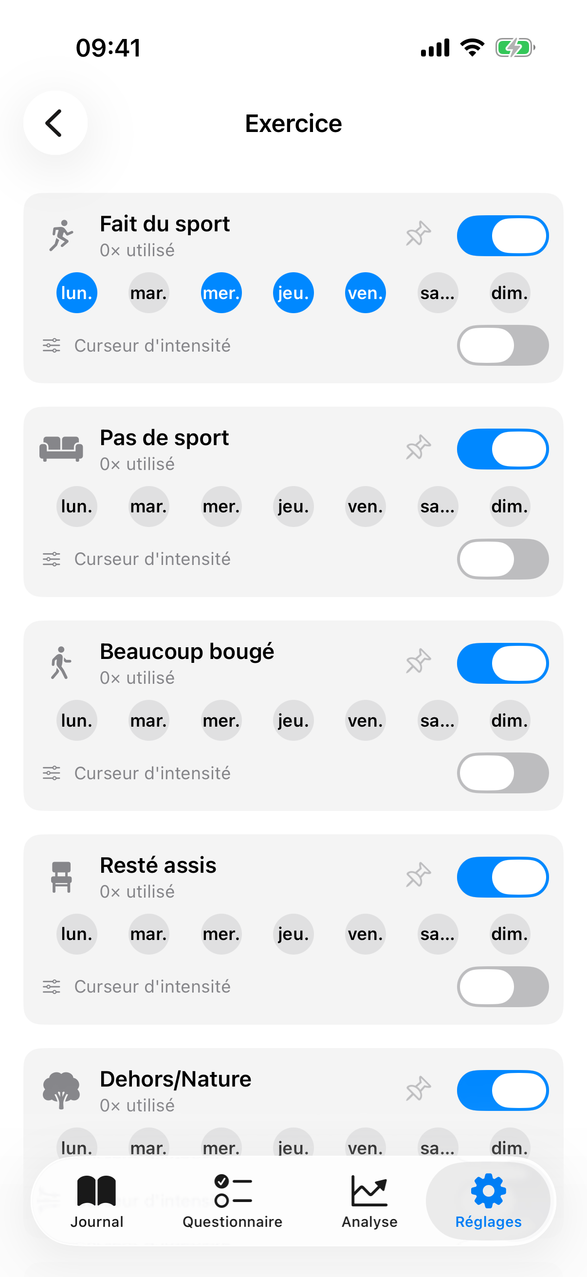Vue d&eacute;tail d'une cat&eacute;gorie avec liste de facteurs, interrupteur de visibilit&eacute; et boutons de jours de semaine