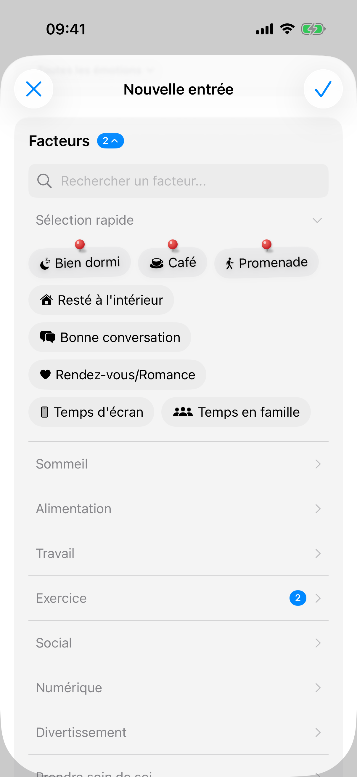 S&eacute;lection des facteurs dans l'entr&eacute;e avec la s&eacute;lection rapide, les facteurs &eacute;pingl&eacute;s avec &eacute;pingle figurent avant les suggestions