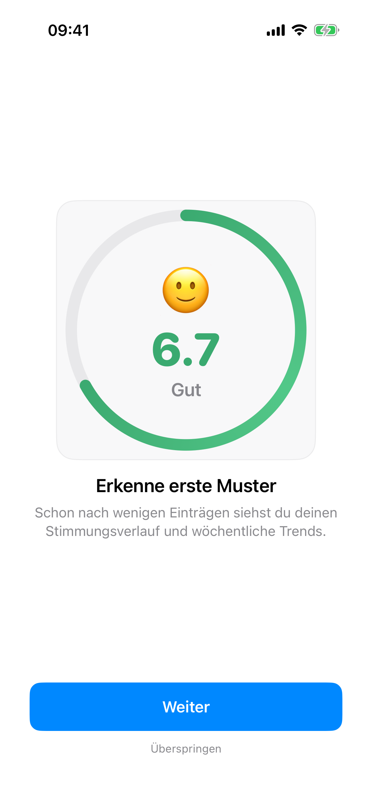Onboarding-Slide drei zeigt, wie InnerPulse Muster in deinen Einträgen findet
