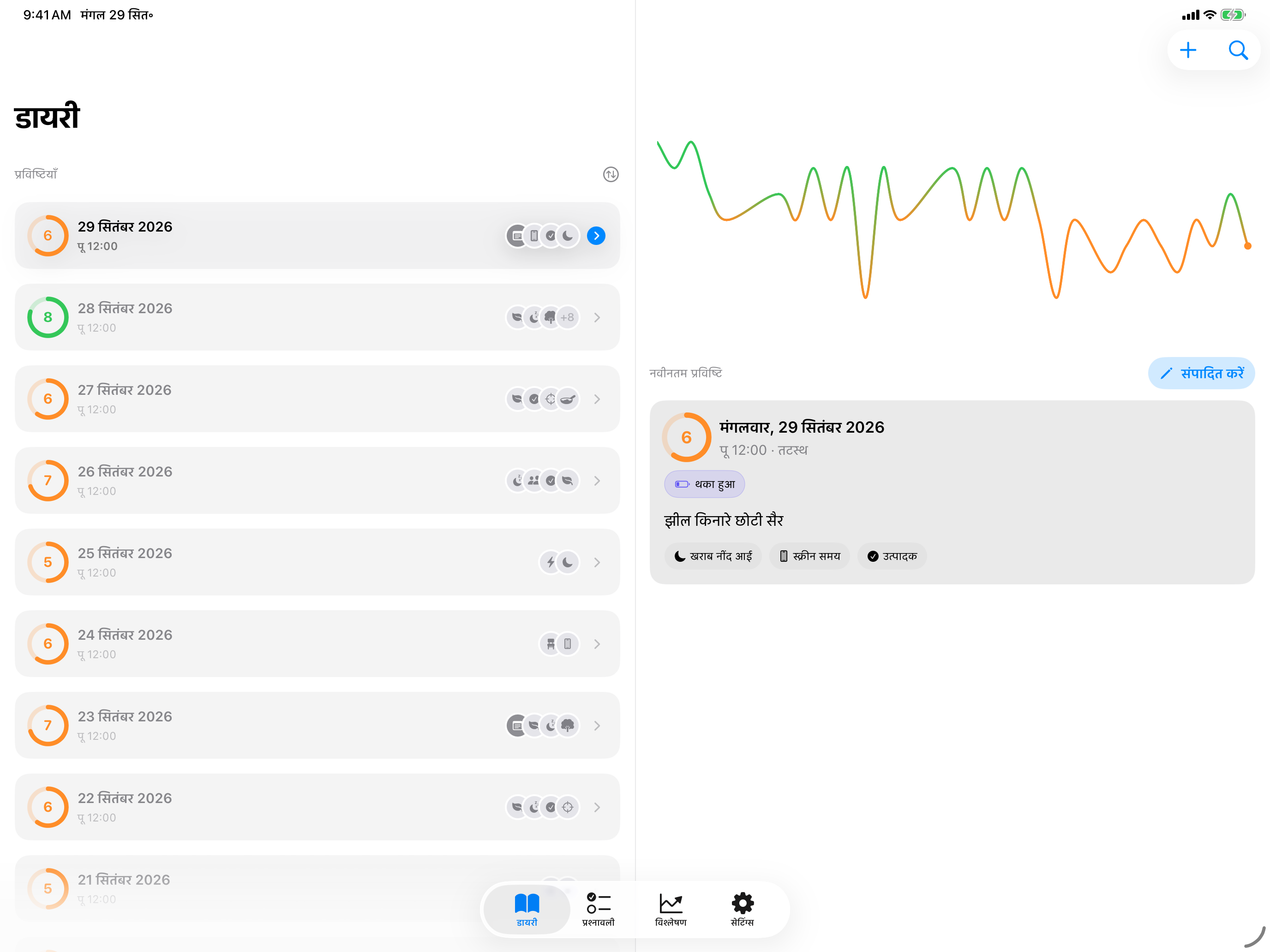 iPad पर लैंडस्केप में InnerPulse, बाईं ओर डायरी की सूची, दाईं ओर मूड का क्रम और चुनी गई प्रविष्टि