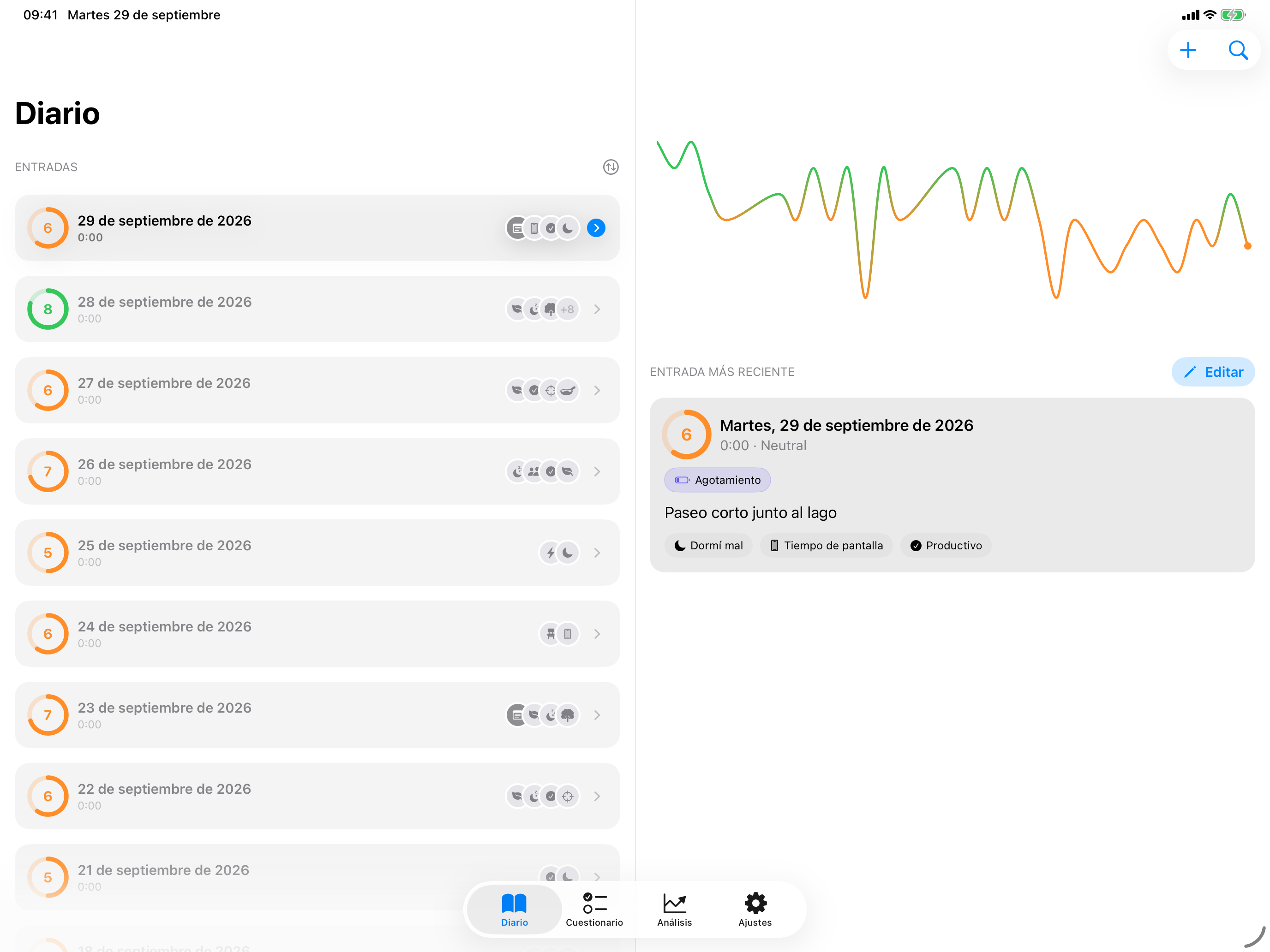 InnerPulse en el iPad en horizontal, a la izquierda la lista del diario, a la derecha la evolución del ánimo y la entrada seleccionada