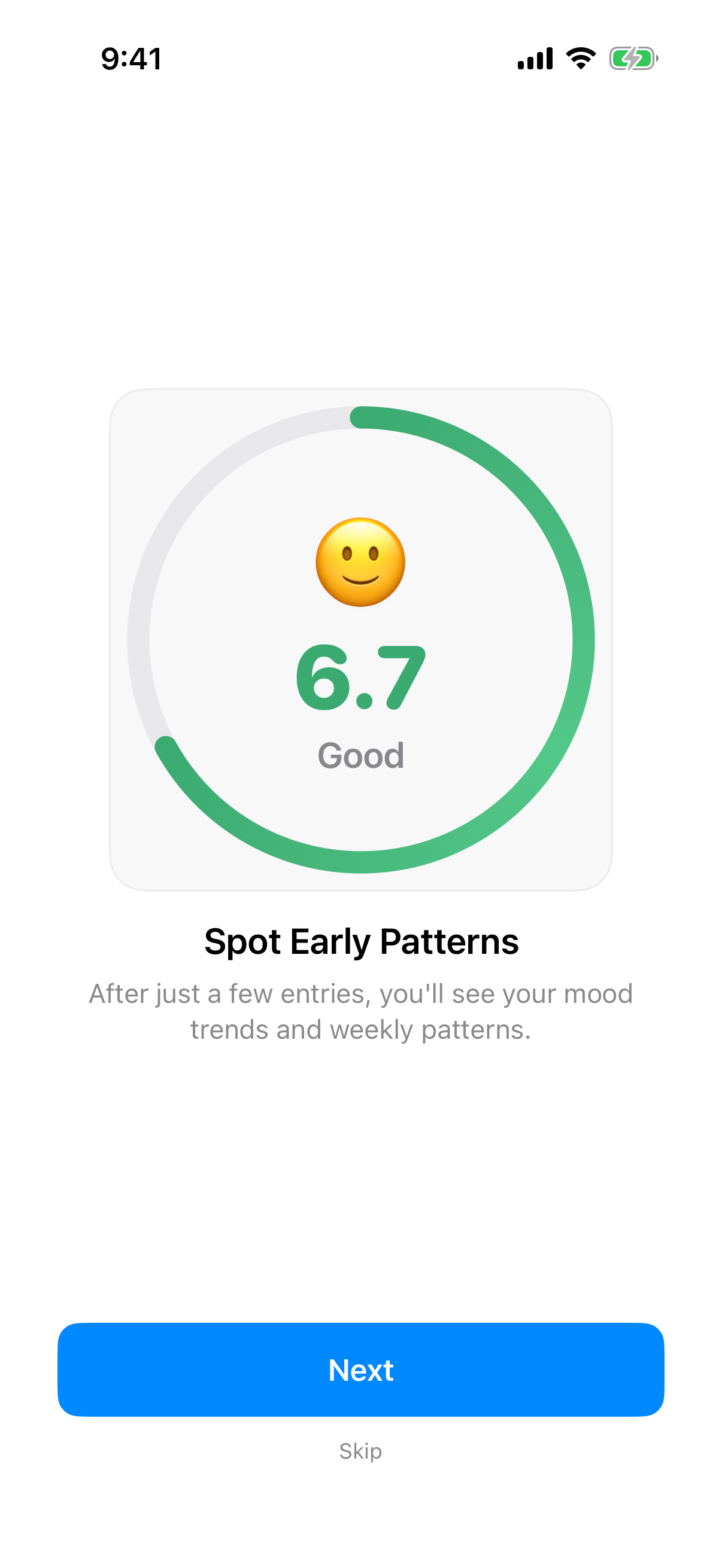 Onboarding slide three showing how InnerPulse finds patterns in your entries
