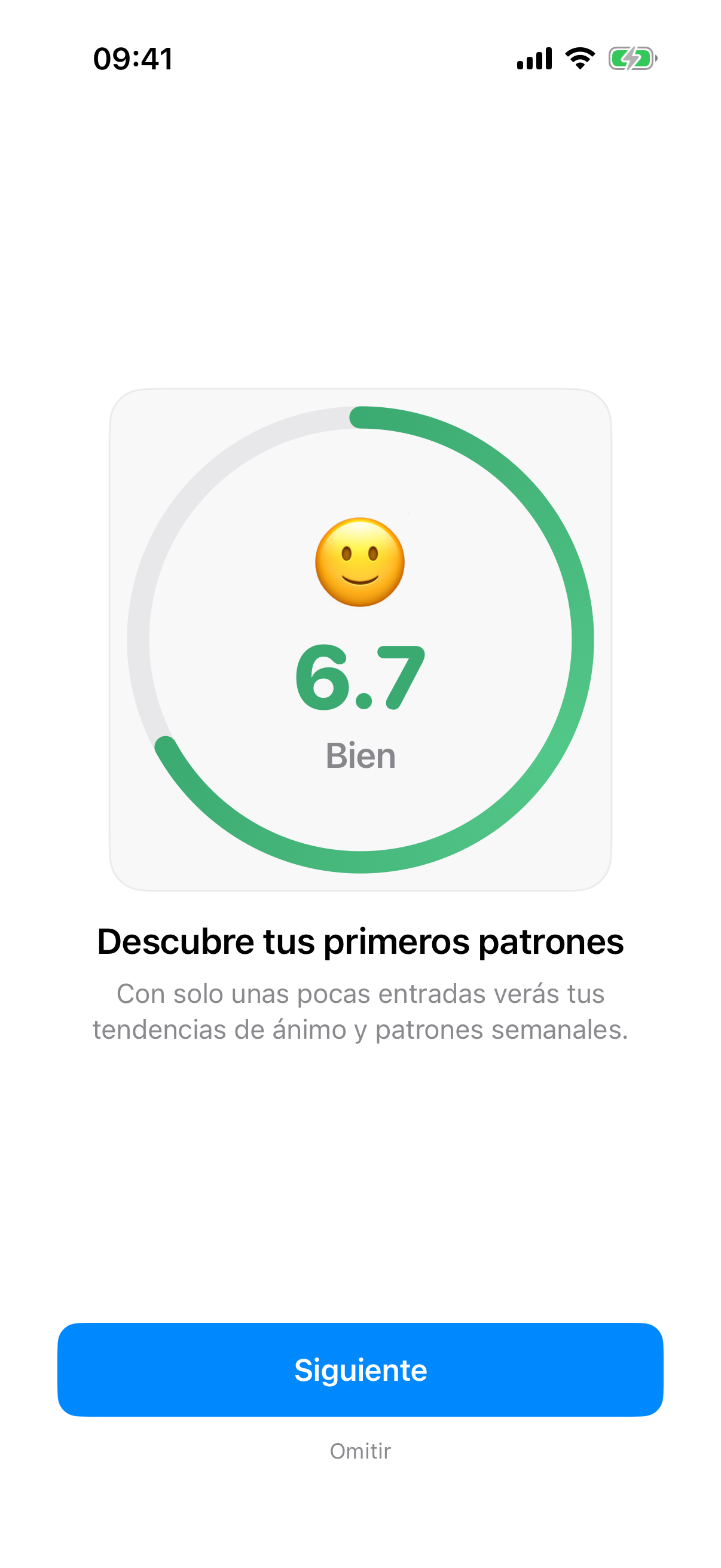 La diapositiva tres del onboarding muestra cómo InnerPulse encuentra patrones en tus entradas