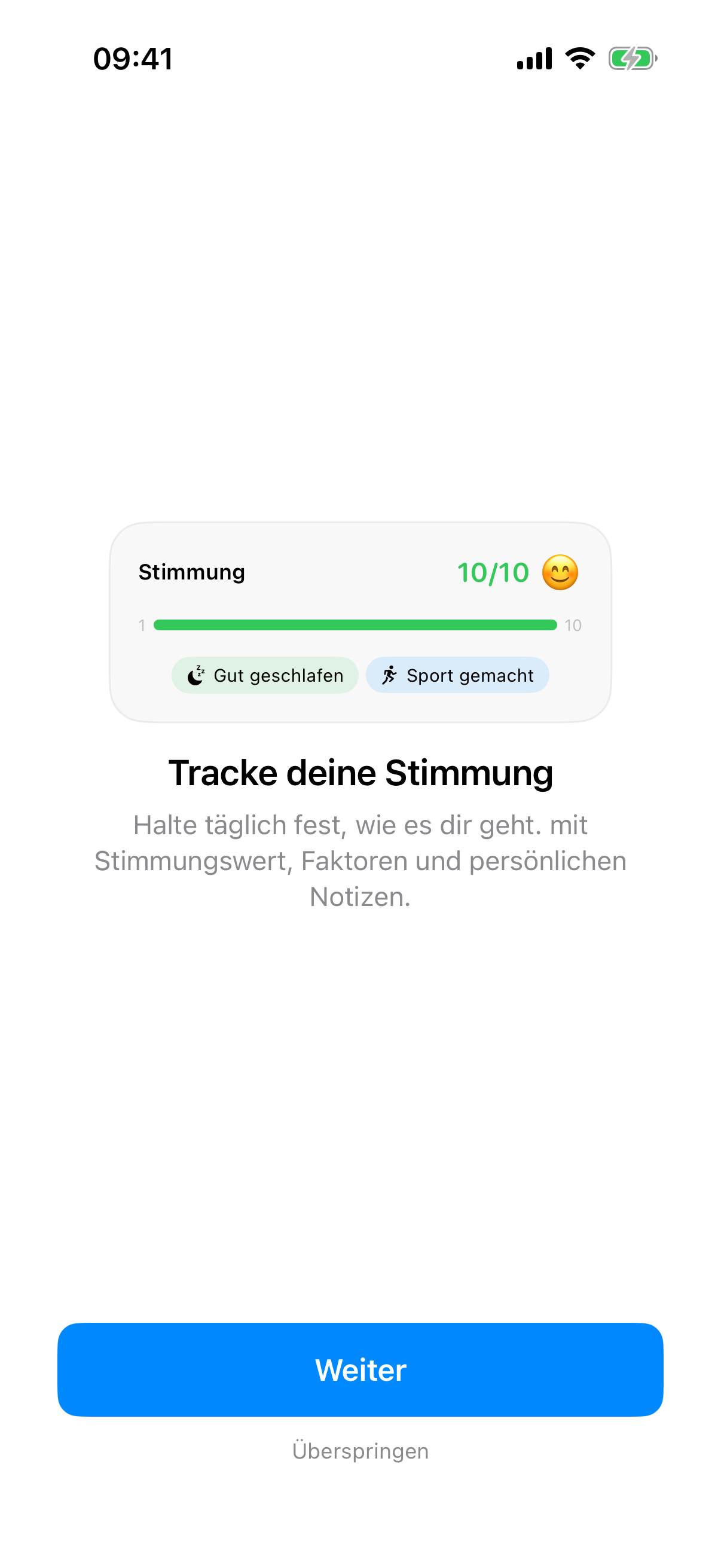 Onboarding-Bildschirm von InnerPulse mit Willkommens-Slide und animierten Mockups