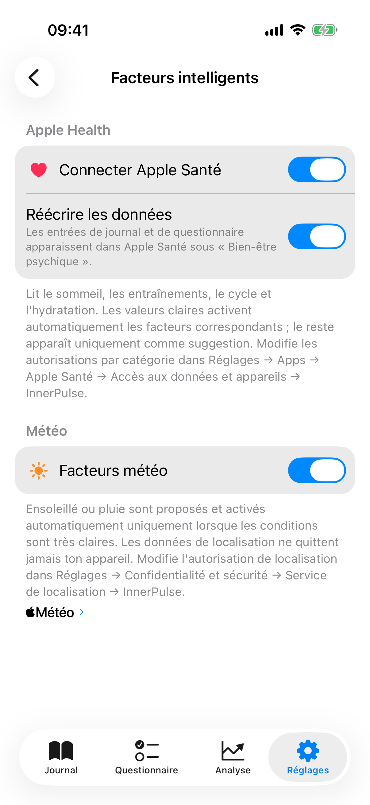 Sous-page Facteurs intelligents avec interrupteurs pour Apple Health, &eacute;criture d'humeur, &eacute;criture d'&eacute;valuations et M&eacute;t&eacute;o